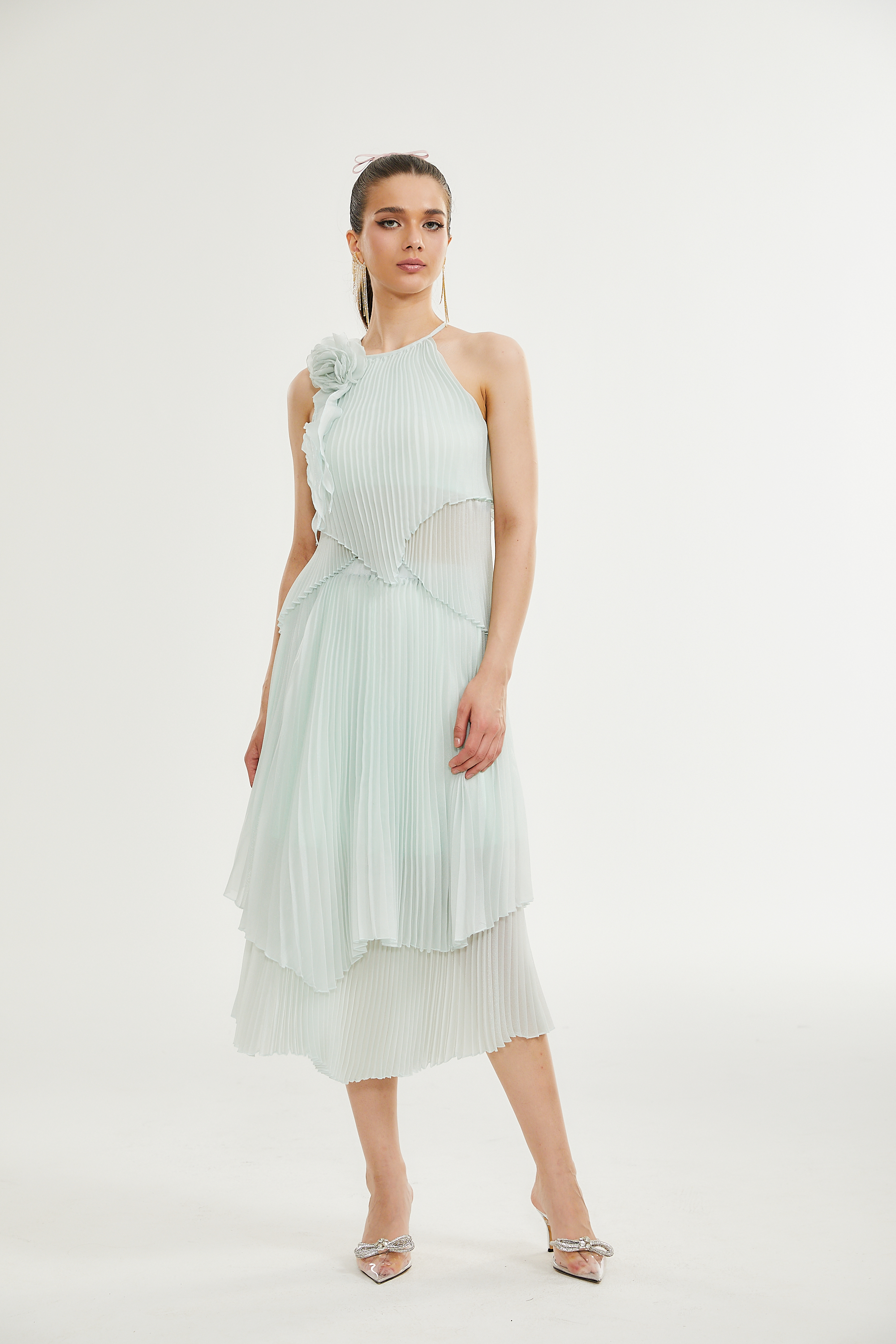 Σετ Ασορτί Πλισέ Τοπ Και Φούστα Fabrizia Με Ψεύτικα Λουλούδια