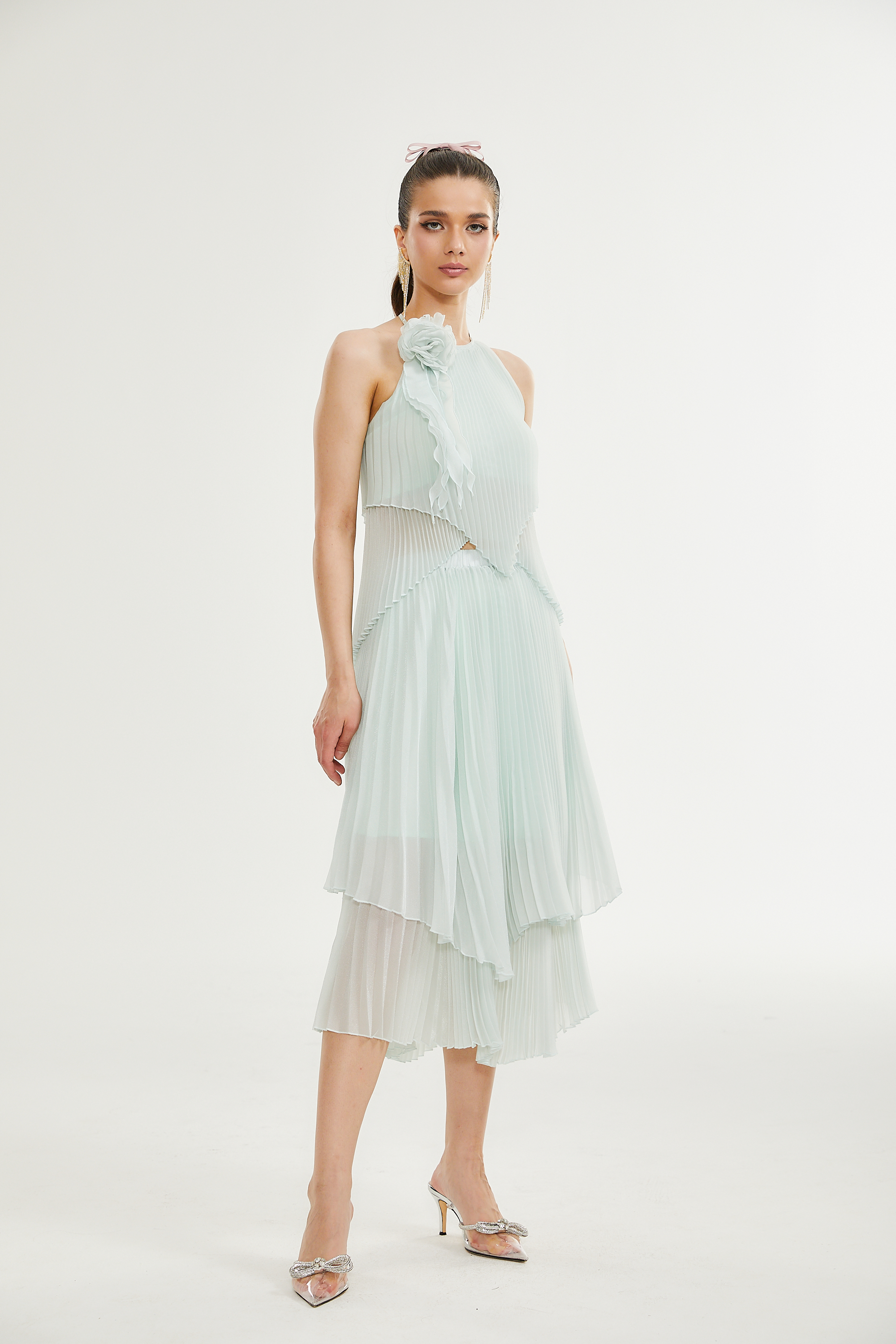 Σετ Ασορτί Πλισέ Τοπ Και Φούστα Fabrizia Με Ψεύτικα Λουλούδια