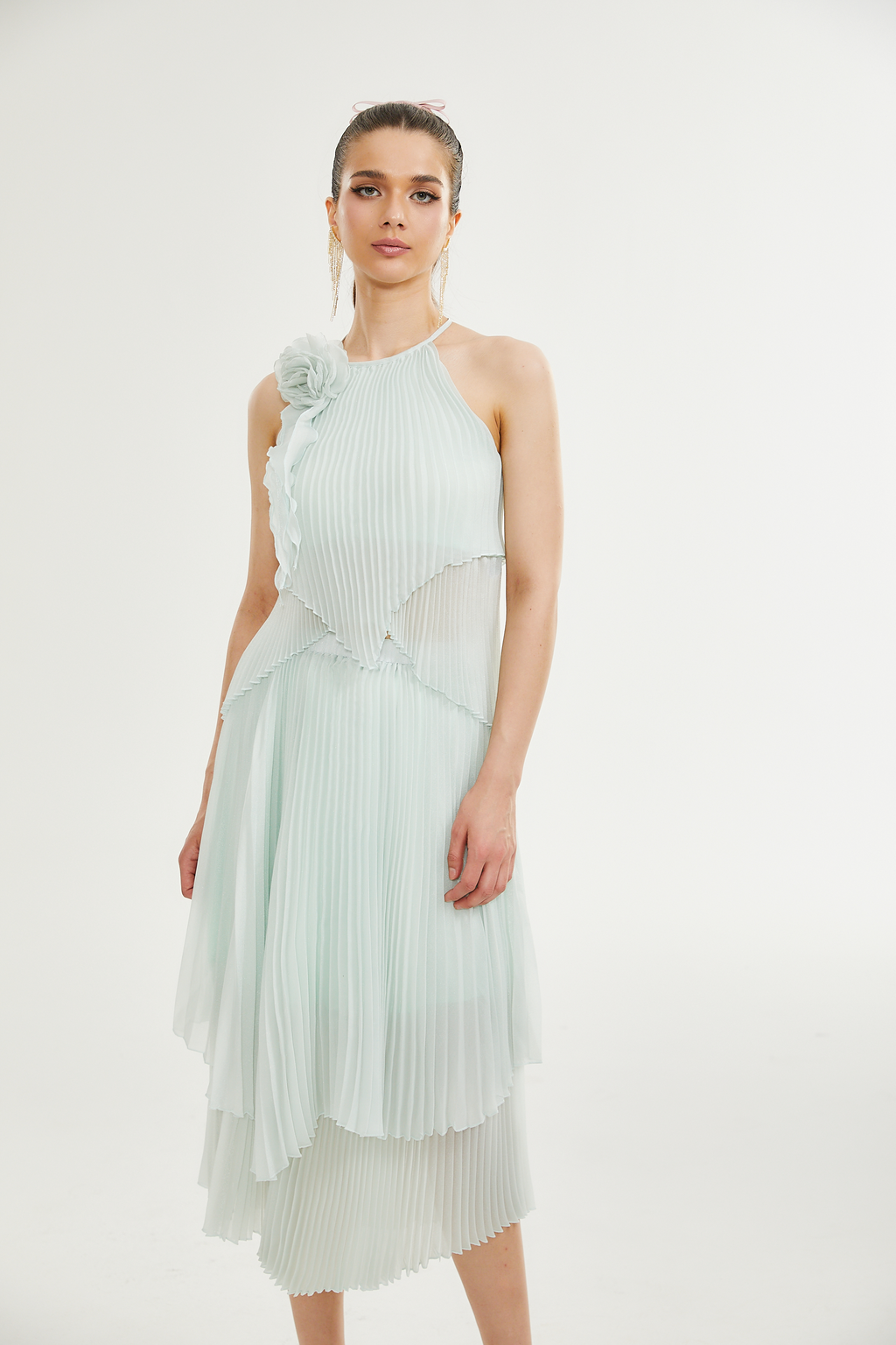 Σετ Ασορτί Πλισέ Τοπ Και Φούστα Fabrizia Με Ψεύτικα Λουλούδια