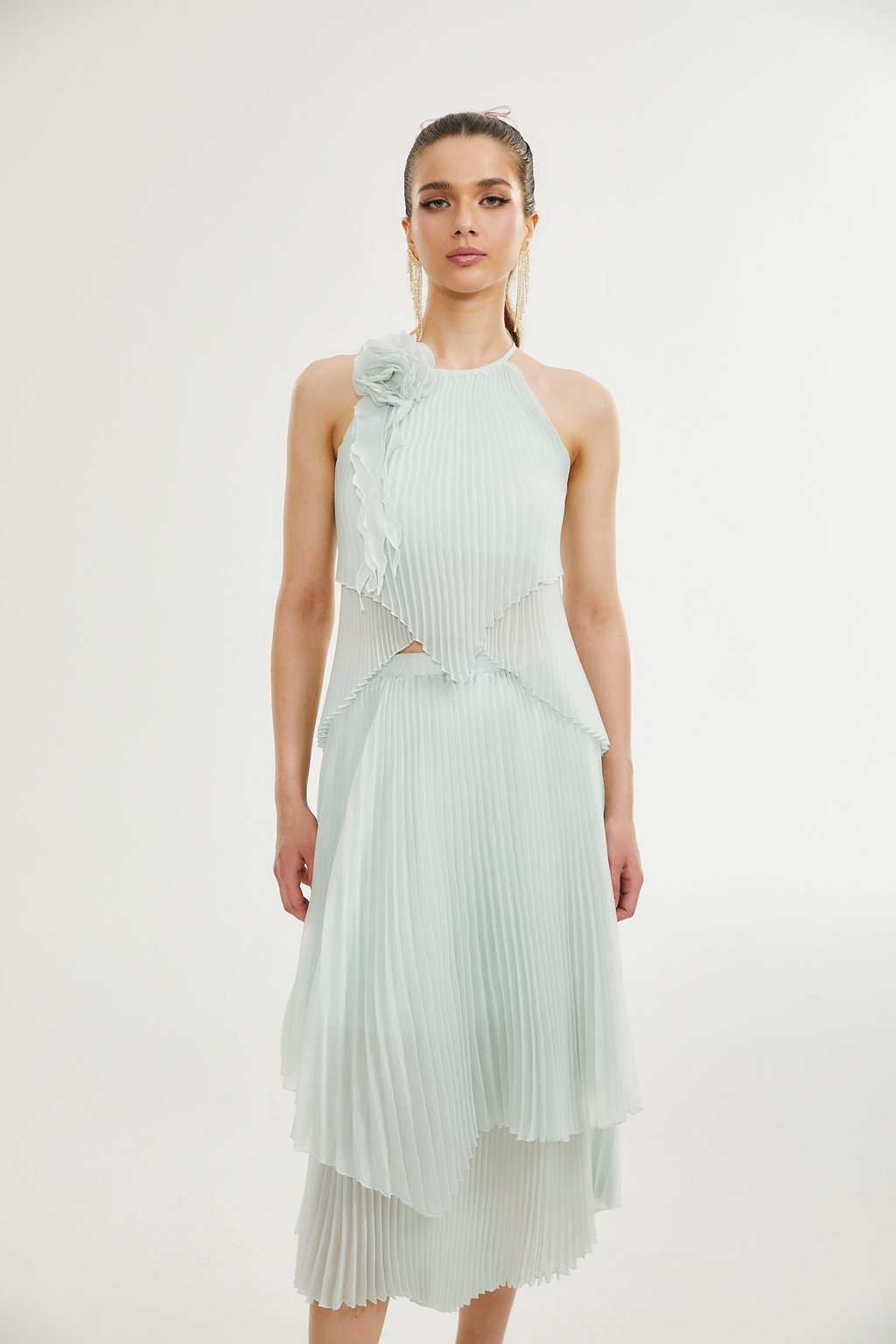 Σετ Ασορτί Πλισέ Τοπ Και Φούστα Fabrizia Με Ψεύτικα Λουλούδια