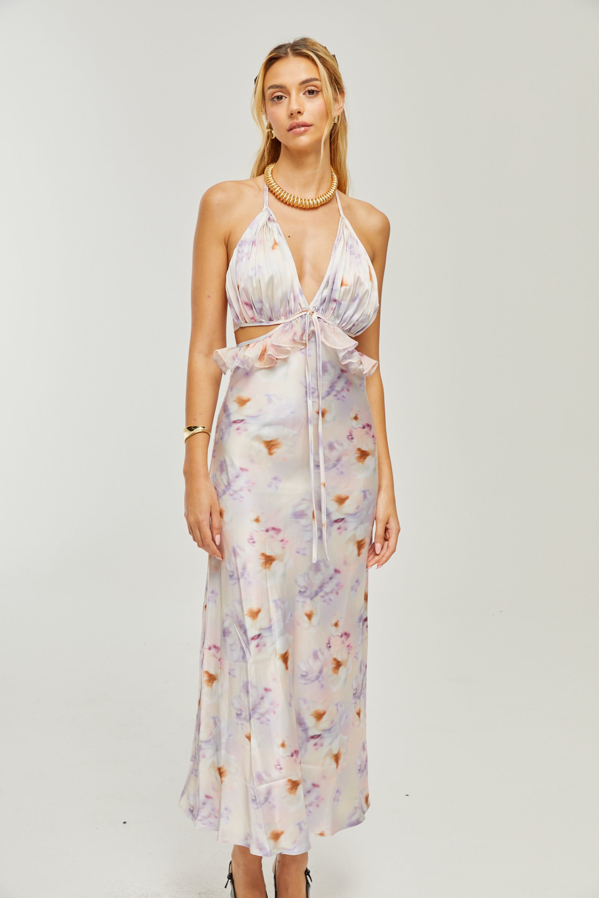 Φόρεμα Agathe Με Βαθύ V Ντεκολτέ Και Φλοράλ Μοτίβο Midi