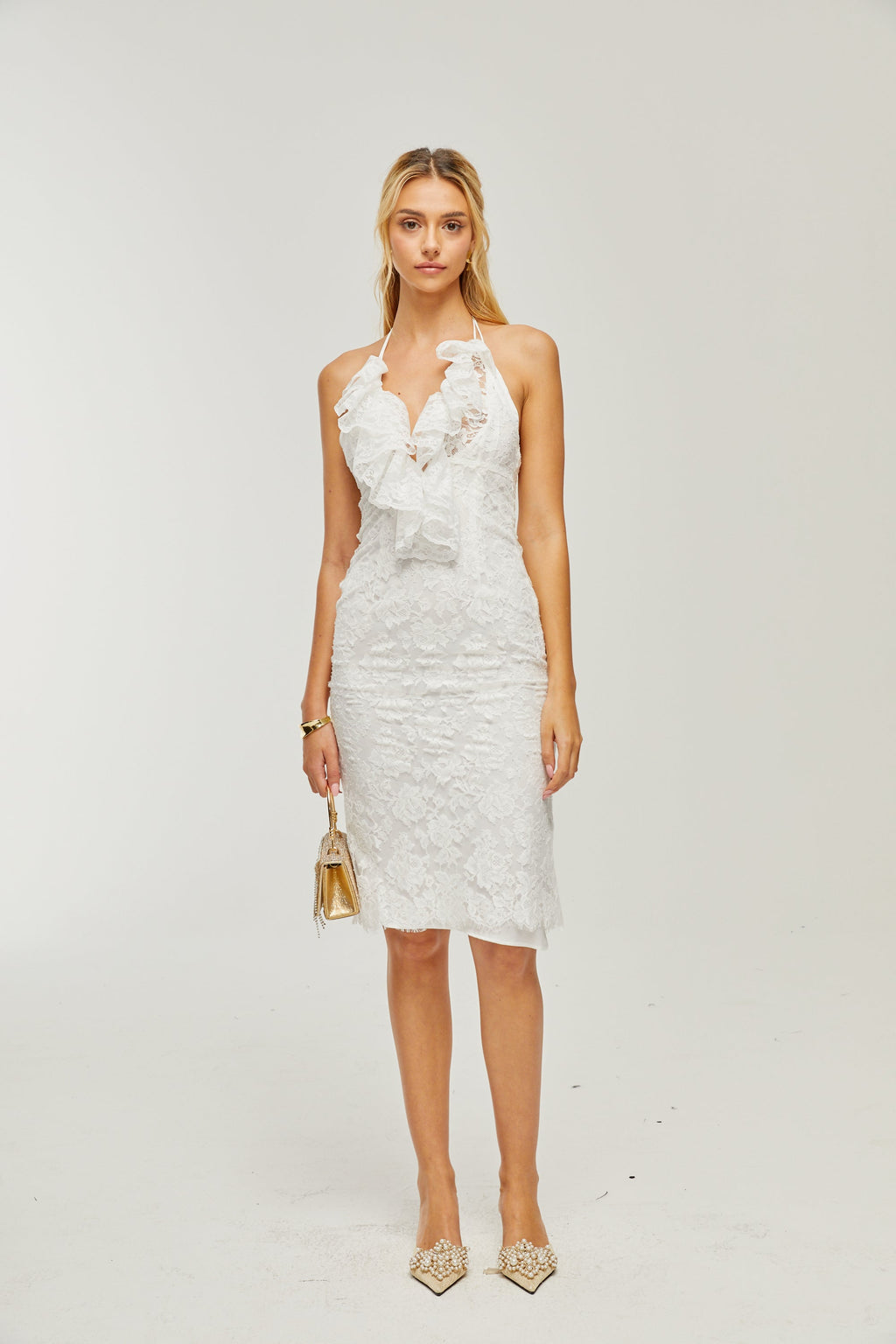 Φόρεμα Clarabelle Guipure-Lace Ruffle Midi