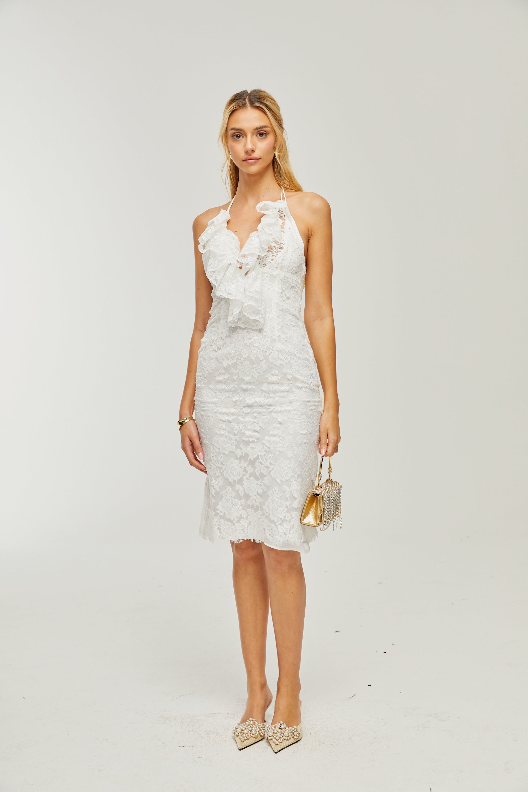 Φόρεμα Clarabelle Guipure-Lace Ruffle Midi