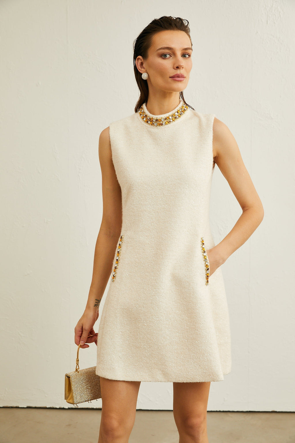 Μίνι Φόρεμα Xenia Tweed Με Κέντημα Και Κρύσταλλα