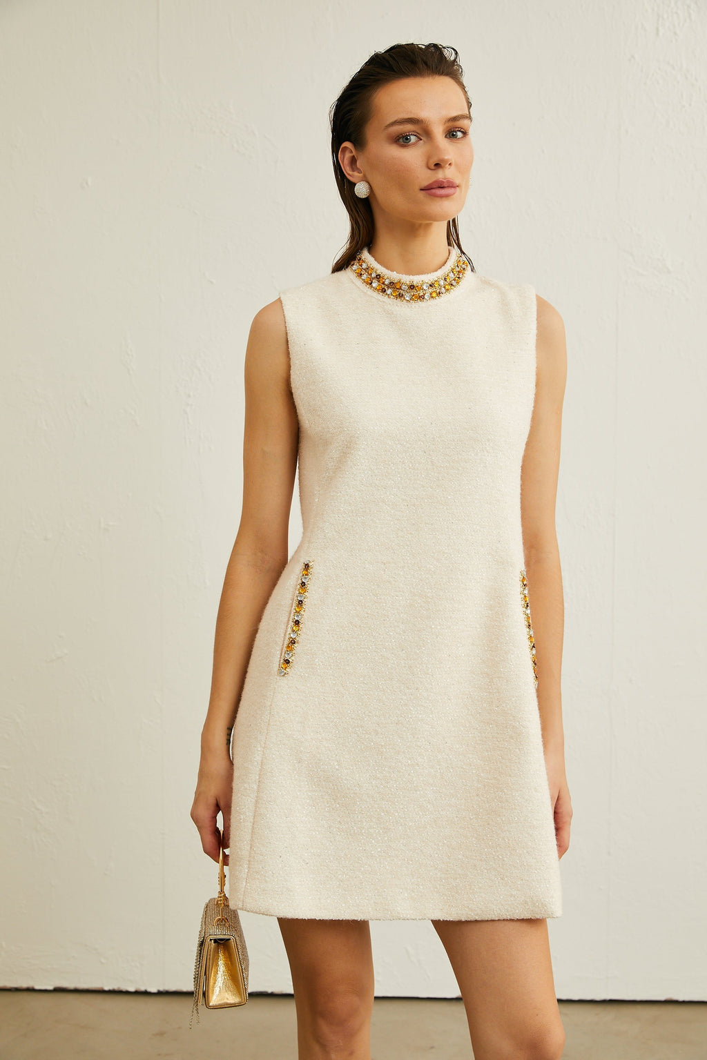 Μίνι Φόρεμα Xenia Tweed Με Κέντημα Και Κρύσταλλα