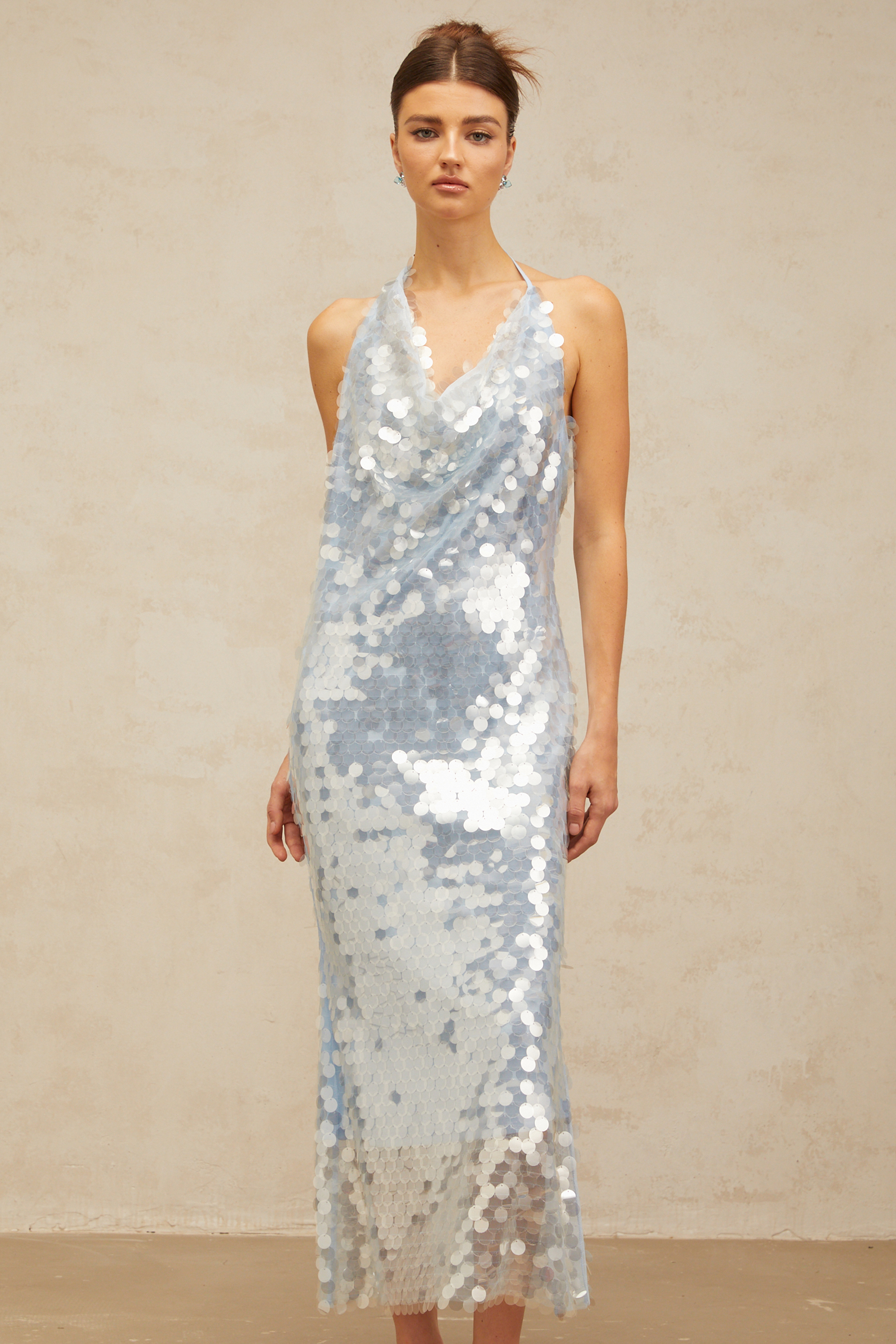 Babette Μπλε Φόρεμα Μίντι Με Χαλτέρ Λαιμόκοψη Και Πούλιες