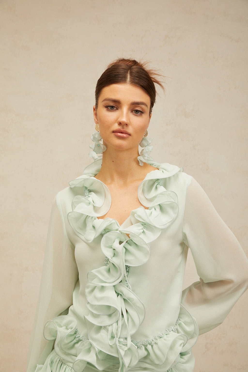 Σετ Μπλούζας Και Φούστας Από Σιφόν Με Βολάν Και Πράσινο Χρώμα Noémie