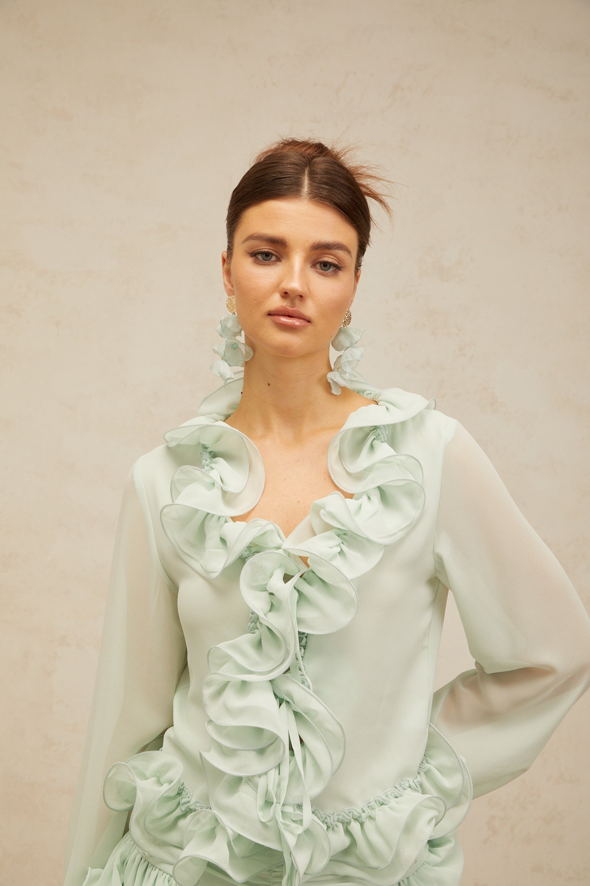 Σετ Μπλούζας Και Φούστας Από Σιφόν Με Βολάν Και Πράσινο Χρώμα Noémie