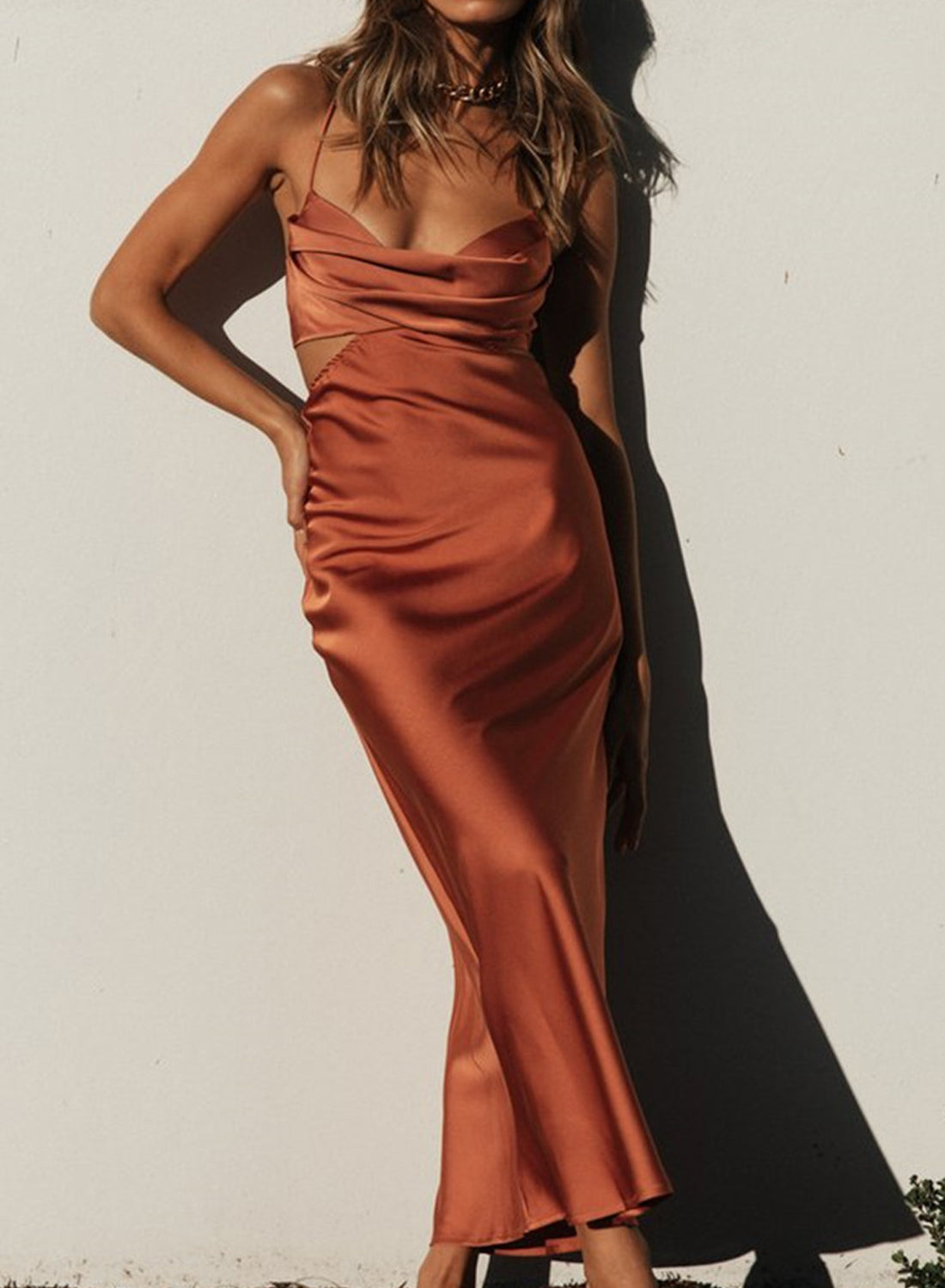 Saten Sırtı Açık Slip Midi Elbise - Riosso