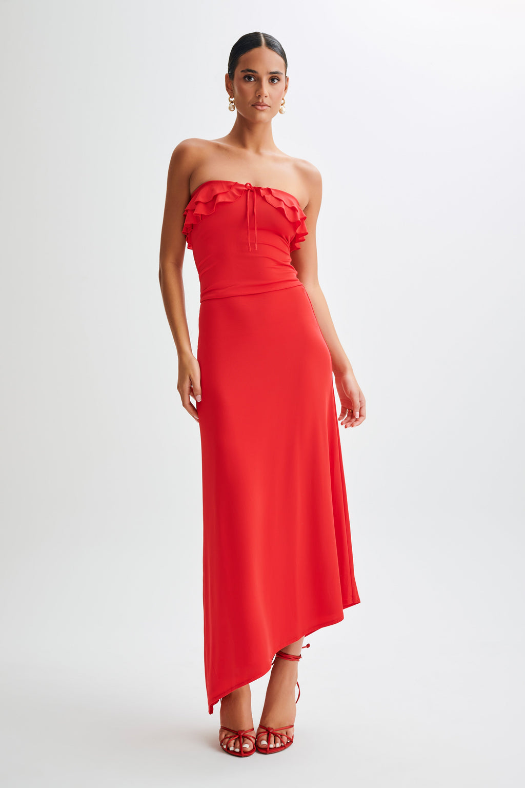 Bea Στενή Τοπ Με Στράπλες Και Βολάν - Ρόδι