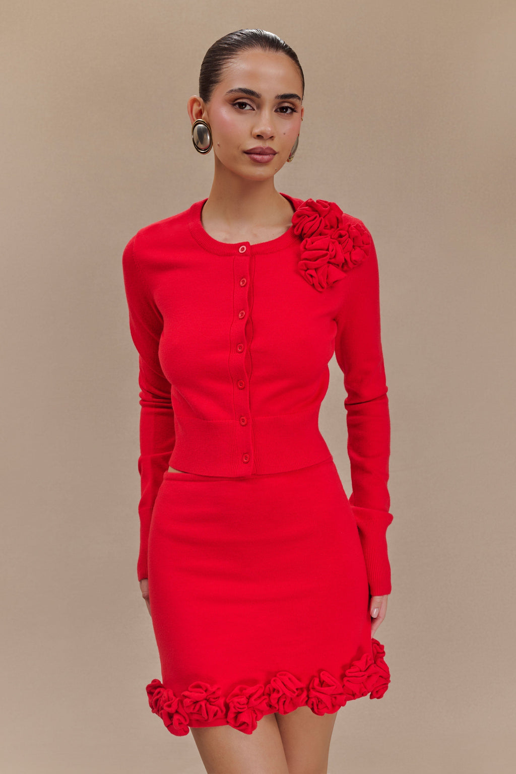 Πλεκτή Ζακέτα Gianna Με Λουλούδια - Κόκκινη