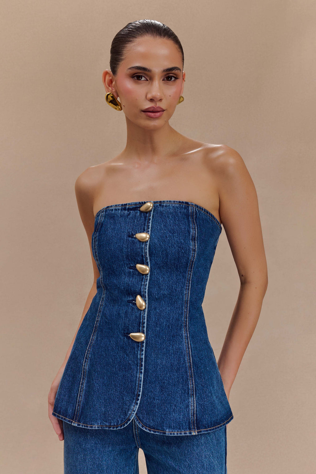 Lennox Στράπλες Μακρύ Ριγέ Μπλούζα Με Κουμπιά - Σκούρο Μπλε