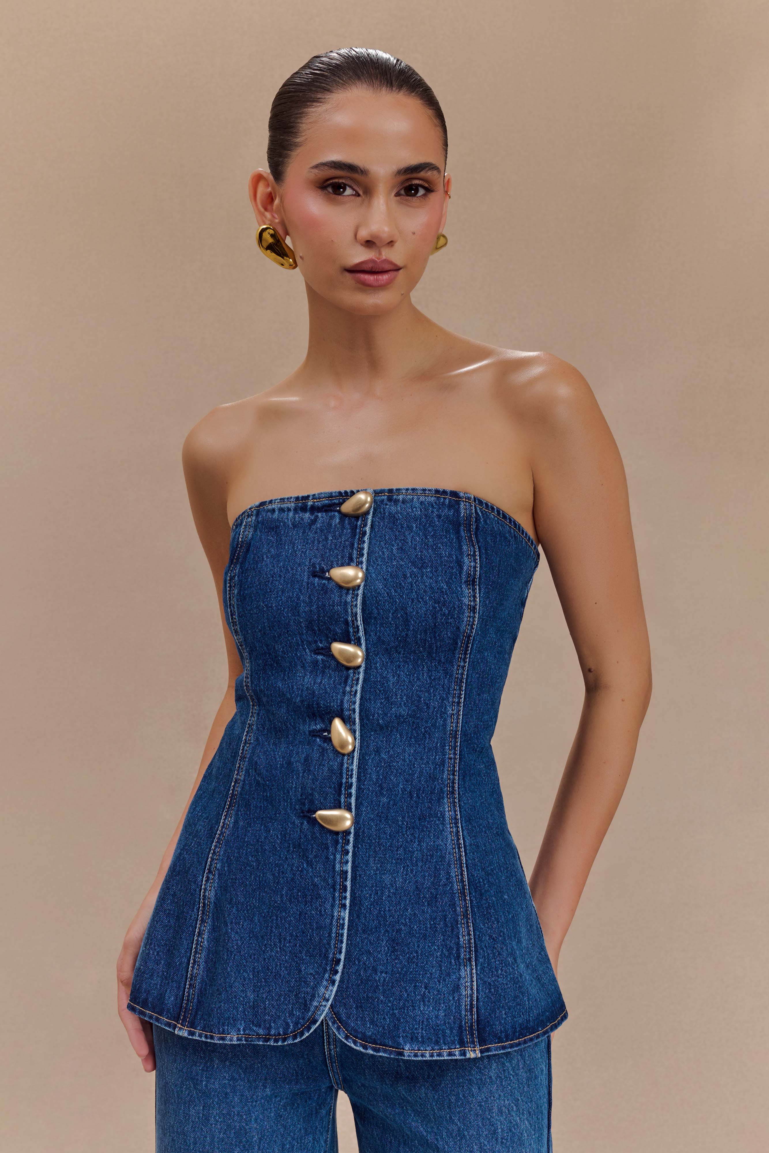 Lennox Στράπλες Μακρύ Ριγέ Μπλούζα Με Κουμπιά - Σκούρο Μπλε