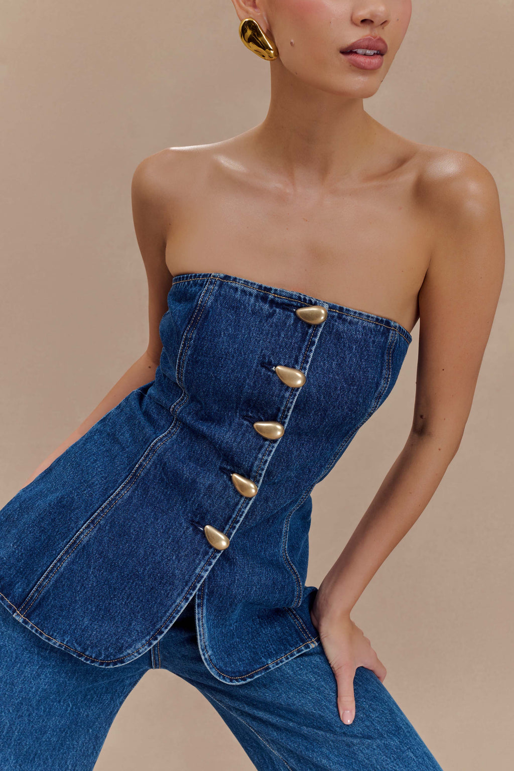 Lennox Στράπλες Μακρύ Ριγέ Μπλούζα Με Κουμπιά - Σκούρο Μπλε