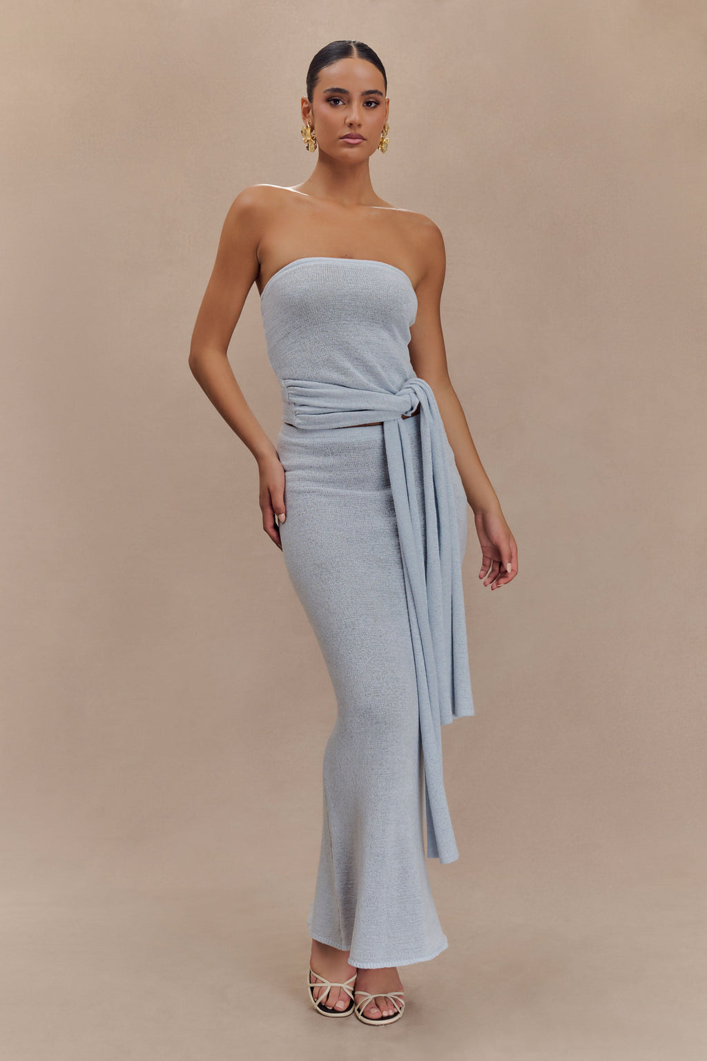 Phoebe Strapless Tie Knit Top - Ice Blue