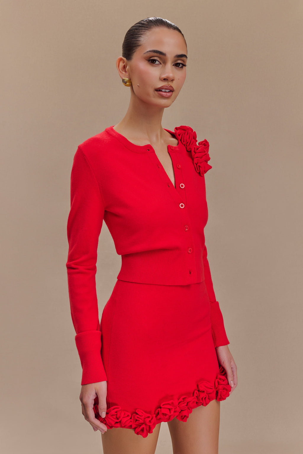Πλεκτή Ζακέτα Gianna Με Λουλούδια - Κόκκινη