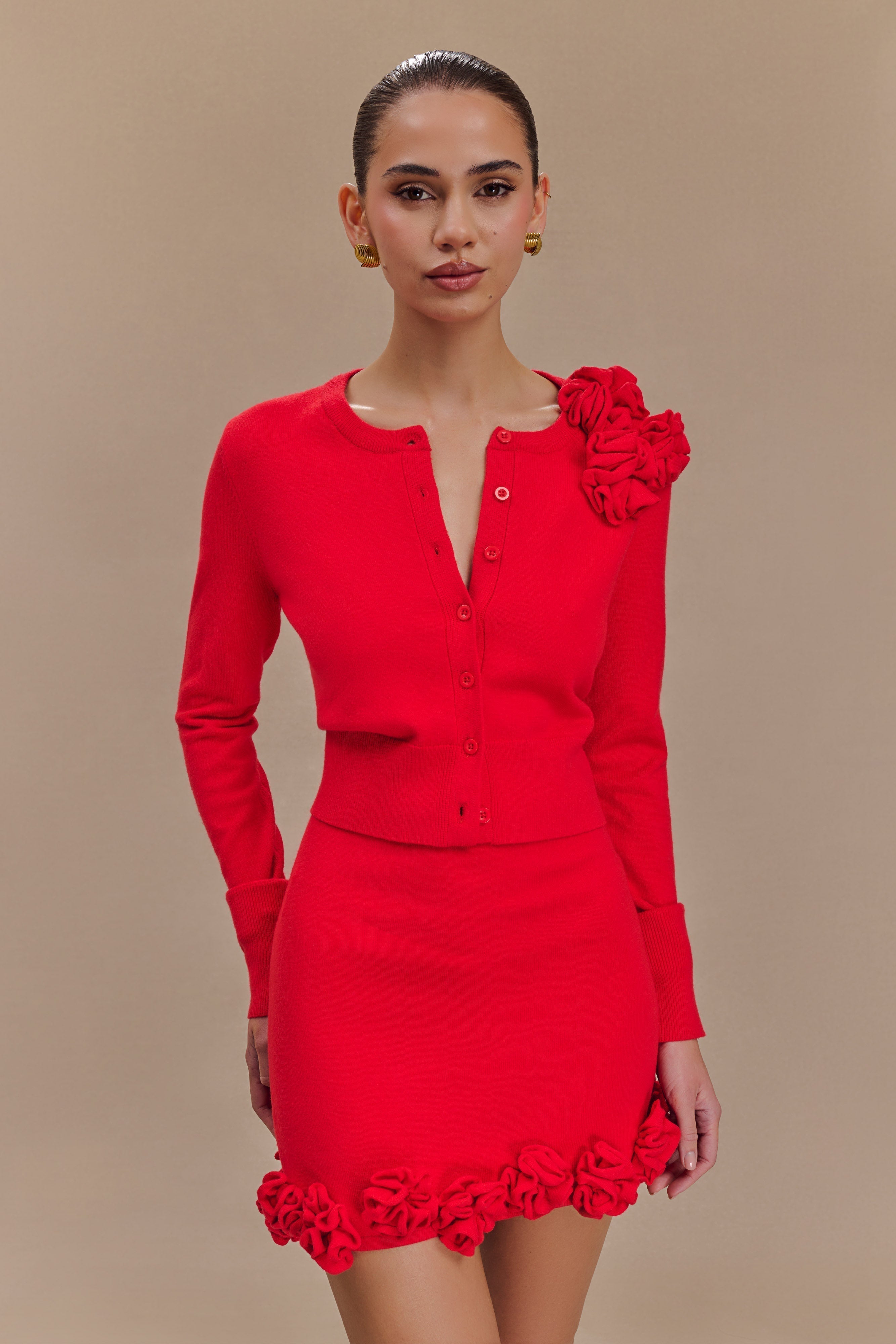 Πλεκτή Ζακέτα Gianna Με Λουλούδια - Κόκκινη