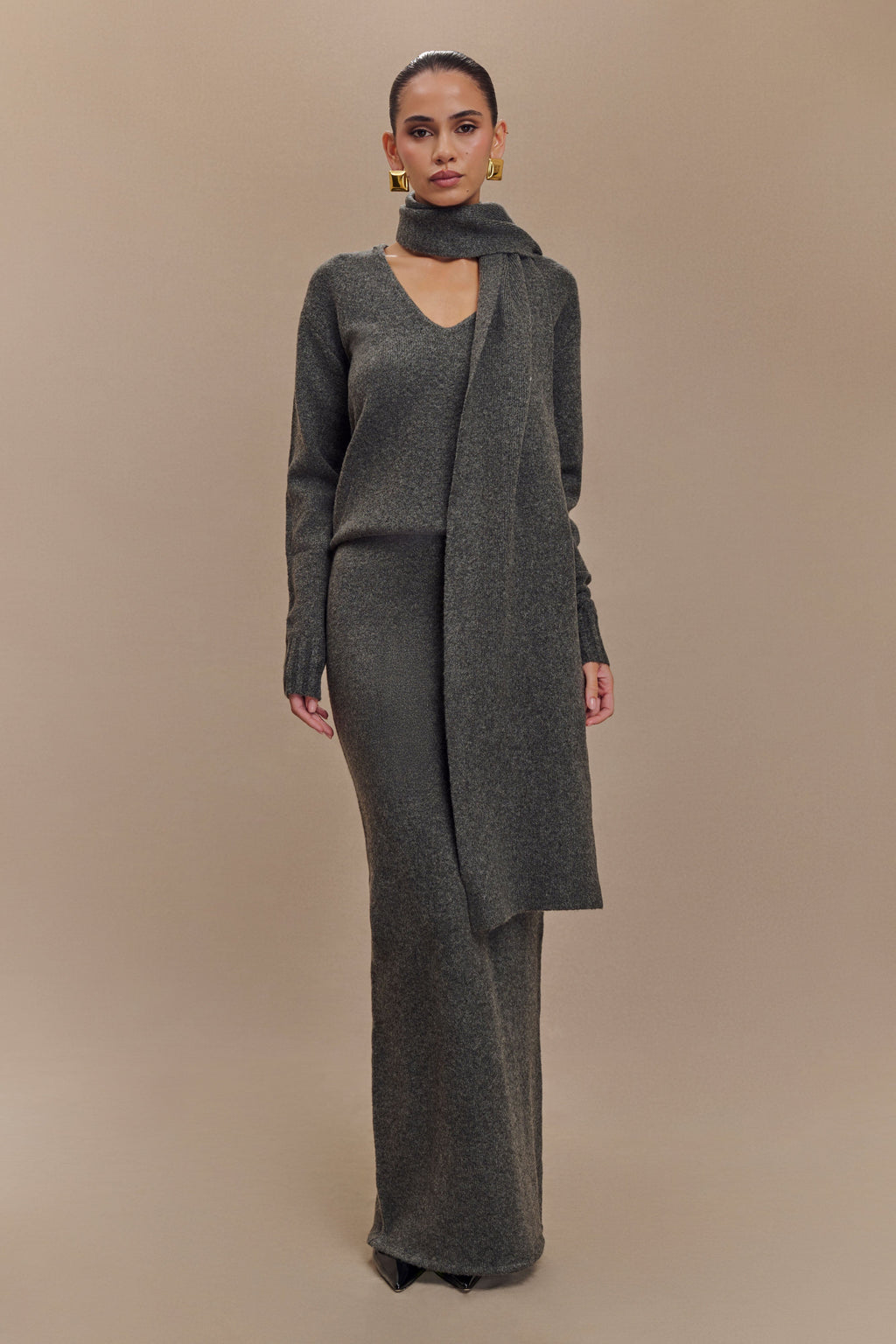 Πλεκτό Πουλόβερ Με V-Neck Και Φουλάρι Ella - Charcoal Marle