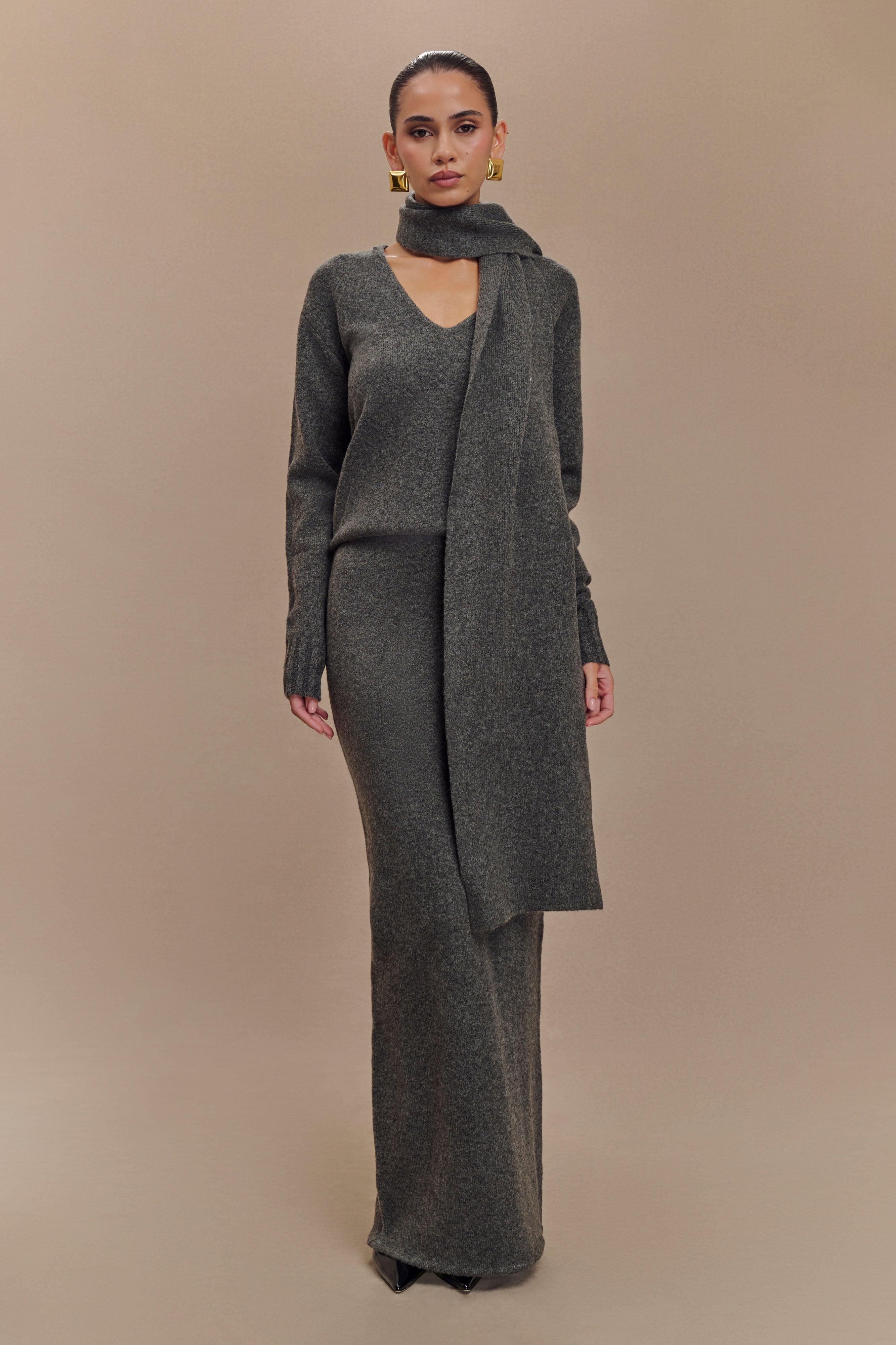 Πλεκτό Πουλόβερ Με V-Neck Και Φουλάρι Ella - Charcoal Marle