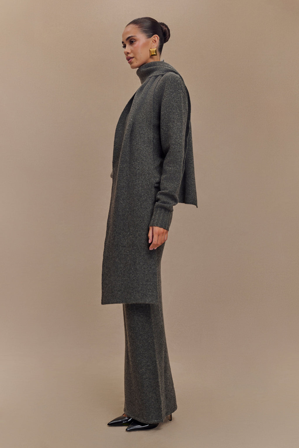 Πλεκτό Πουλόβερ Με V-Neck Και Φουλάρι Ella - Charcoal Marle