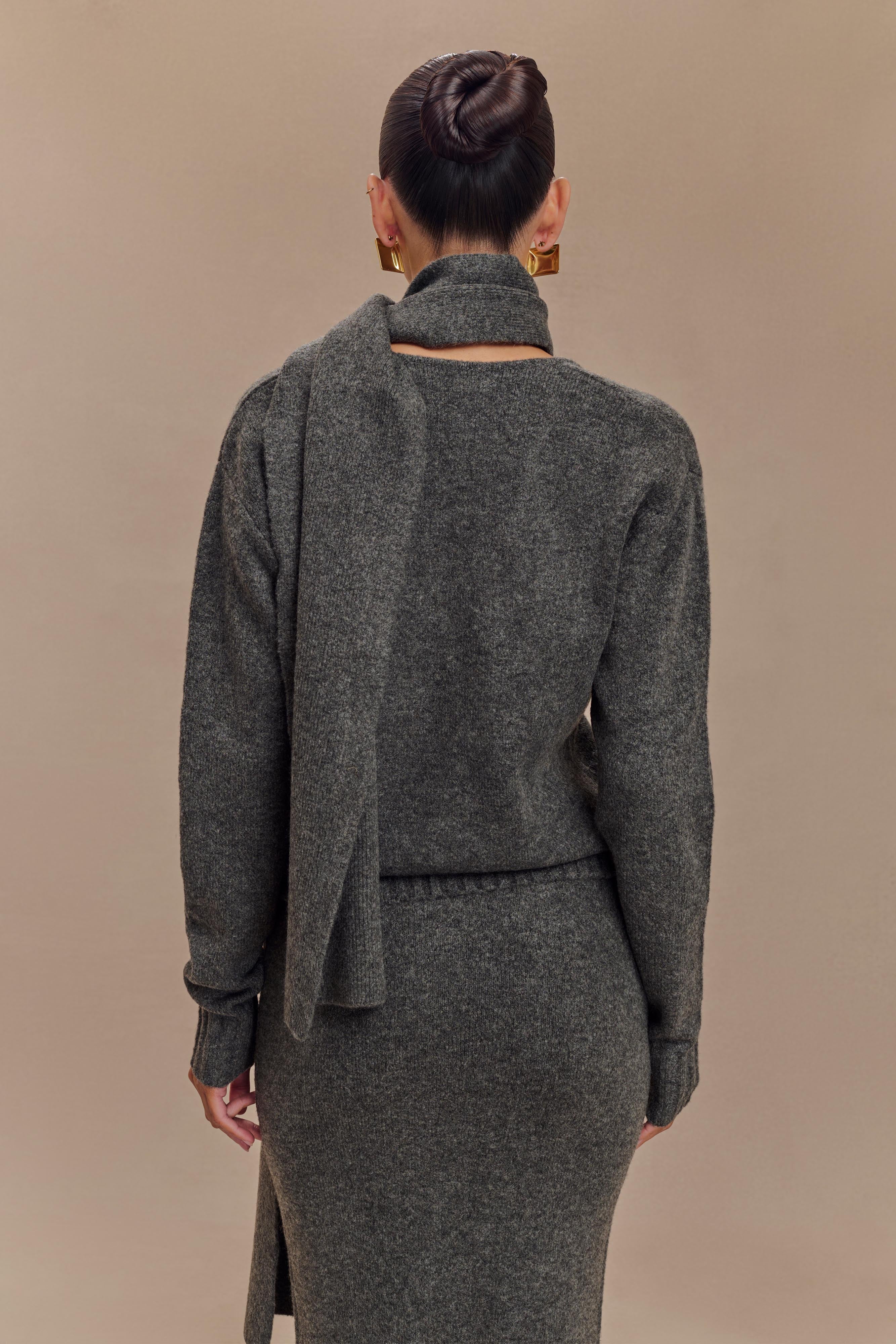 Πλεκτό Πουλόβερ Με V-Neck Και Φουλάρι Ella - Charcoal Marle