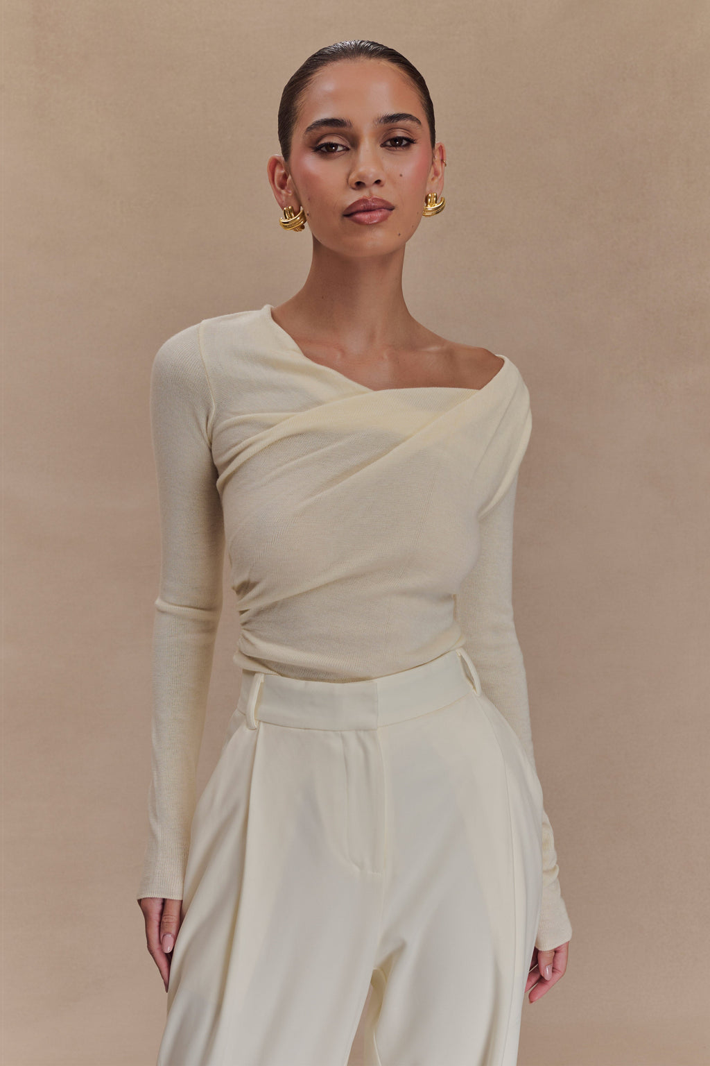 Πλεκτό Μπλούζα Culver Με Ντραπέ Στριφτό - Κρεμ