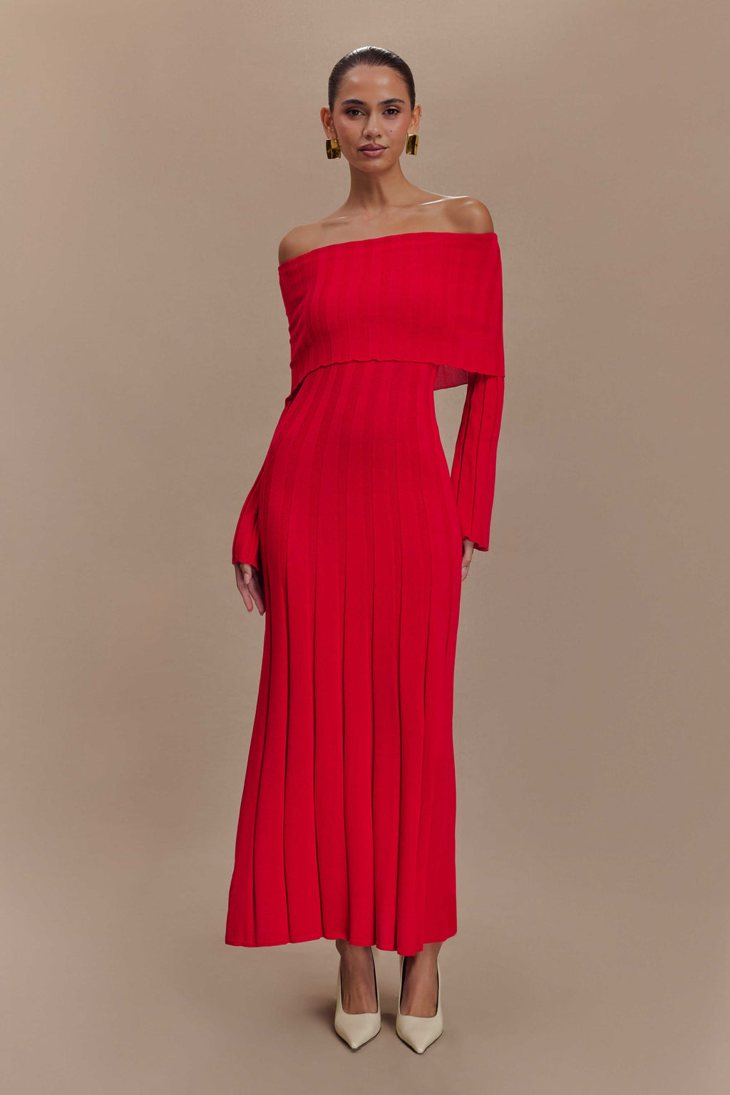 Φόρεμα Alonza Με Μακριά Μανίκια Και Πλεκτό Μίντι - Κόκκινο