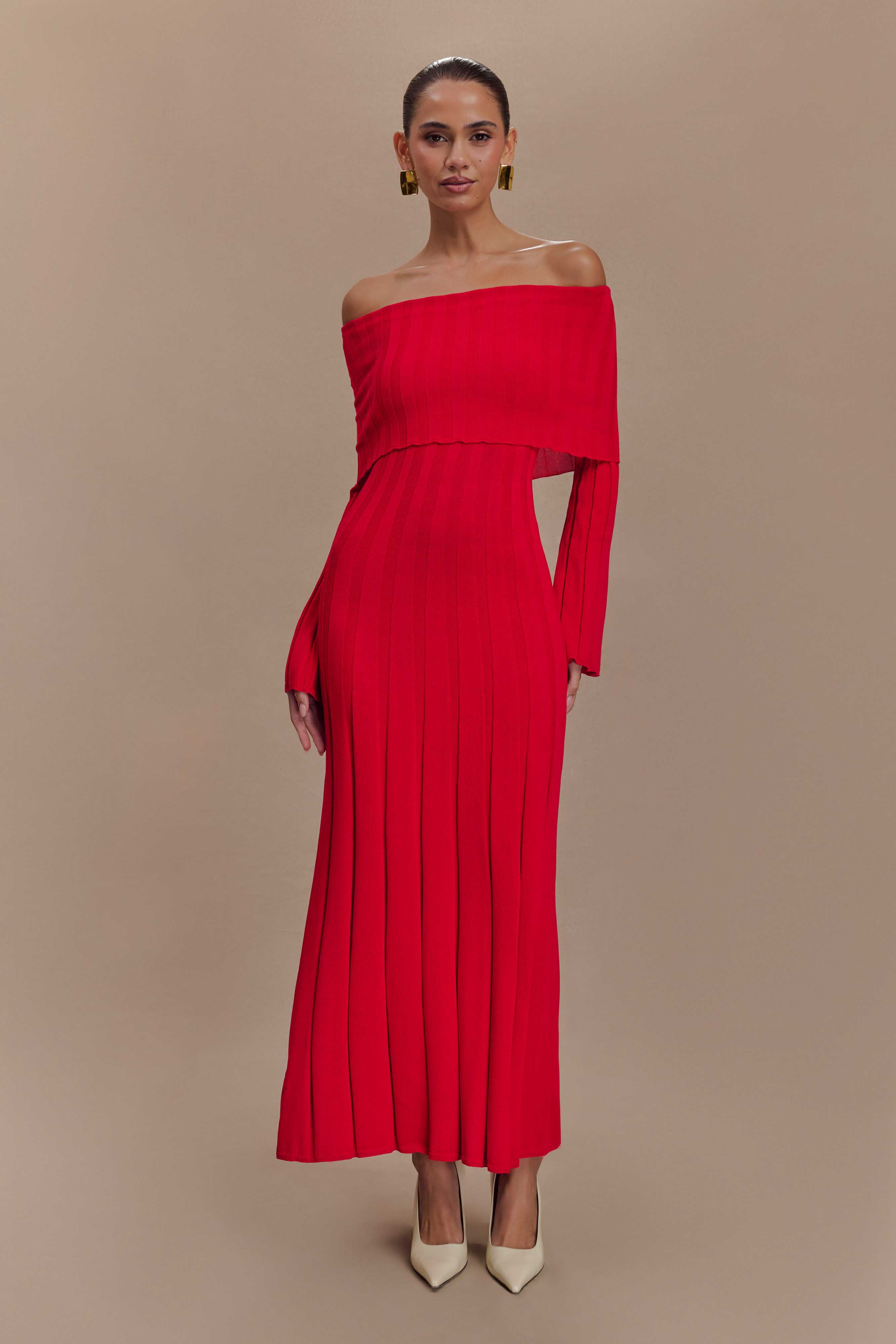 Φόρεμα Alonza Με Μακριά Μανίκια Και Πλεκτό Μίντι - Κόκκινο