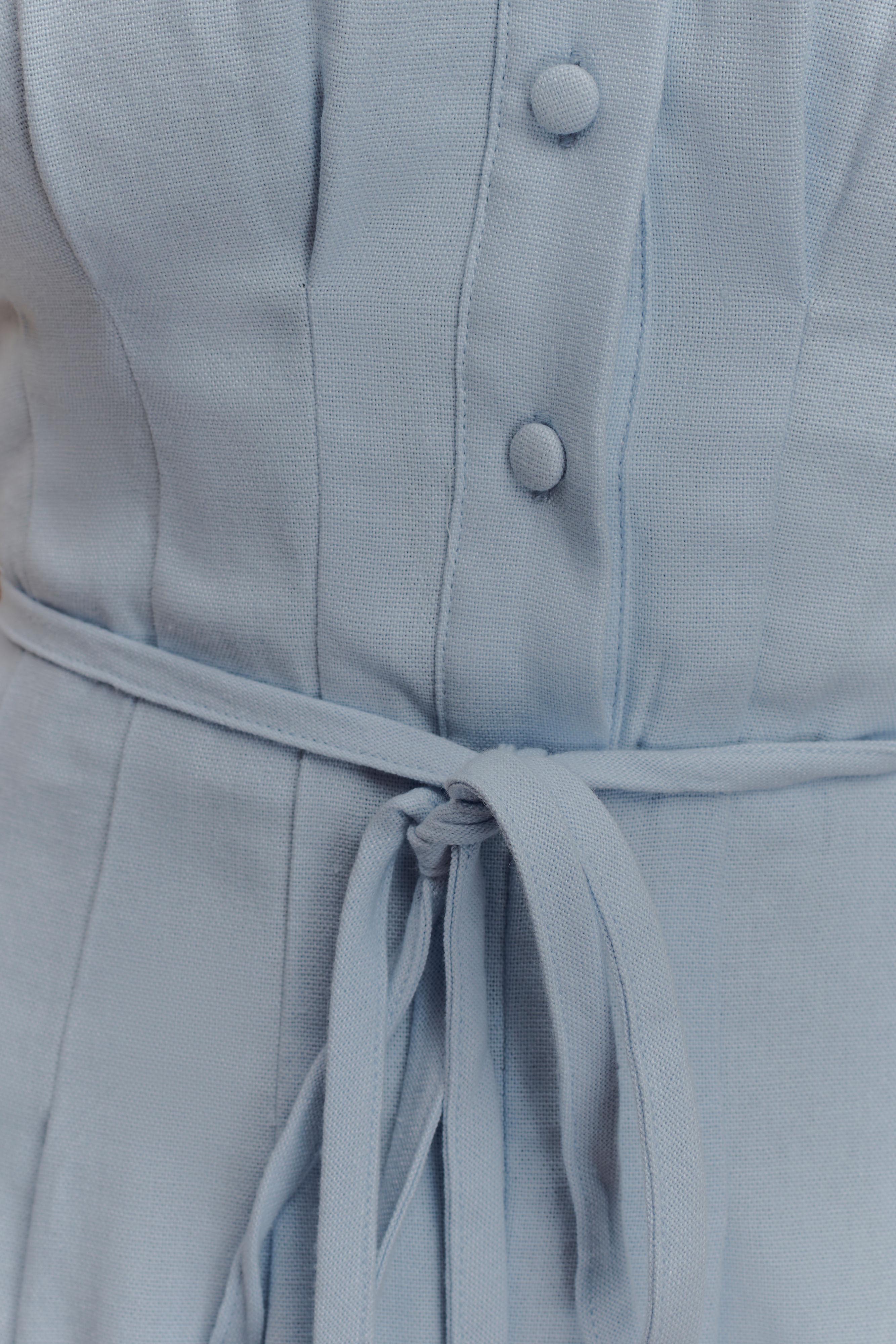 Φόρεμα Midi Από Λινό Με Κουμπιά Aysha - Μπλε Κεντημένο