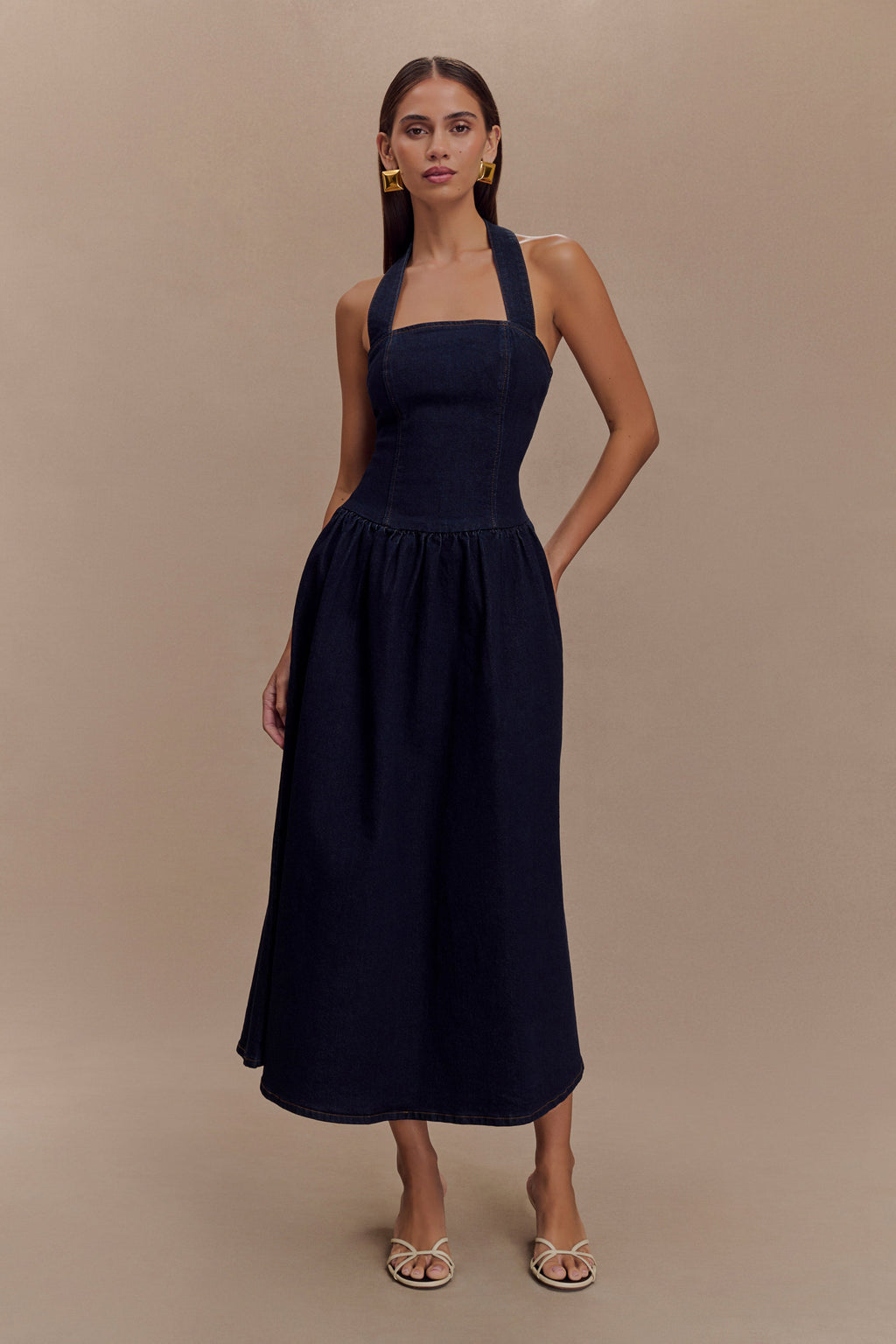 Φόρεμα Caroline Denim Halter Midi - Μπλε Indigo
