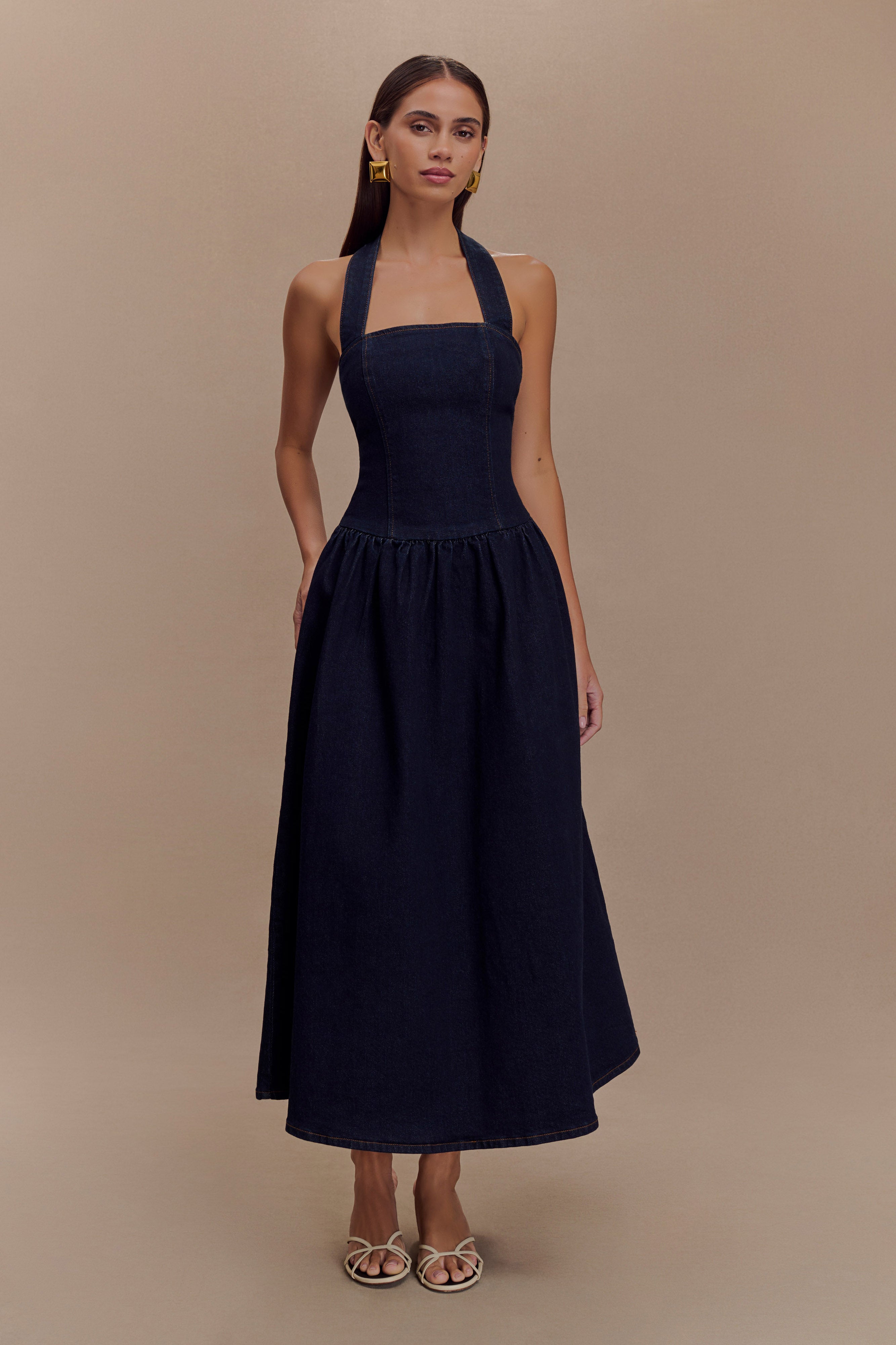 Φόρεμα Caroline Denim Halter Midi - Μπλε Indigo