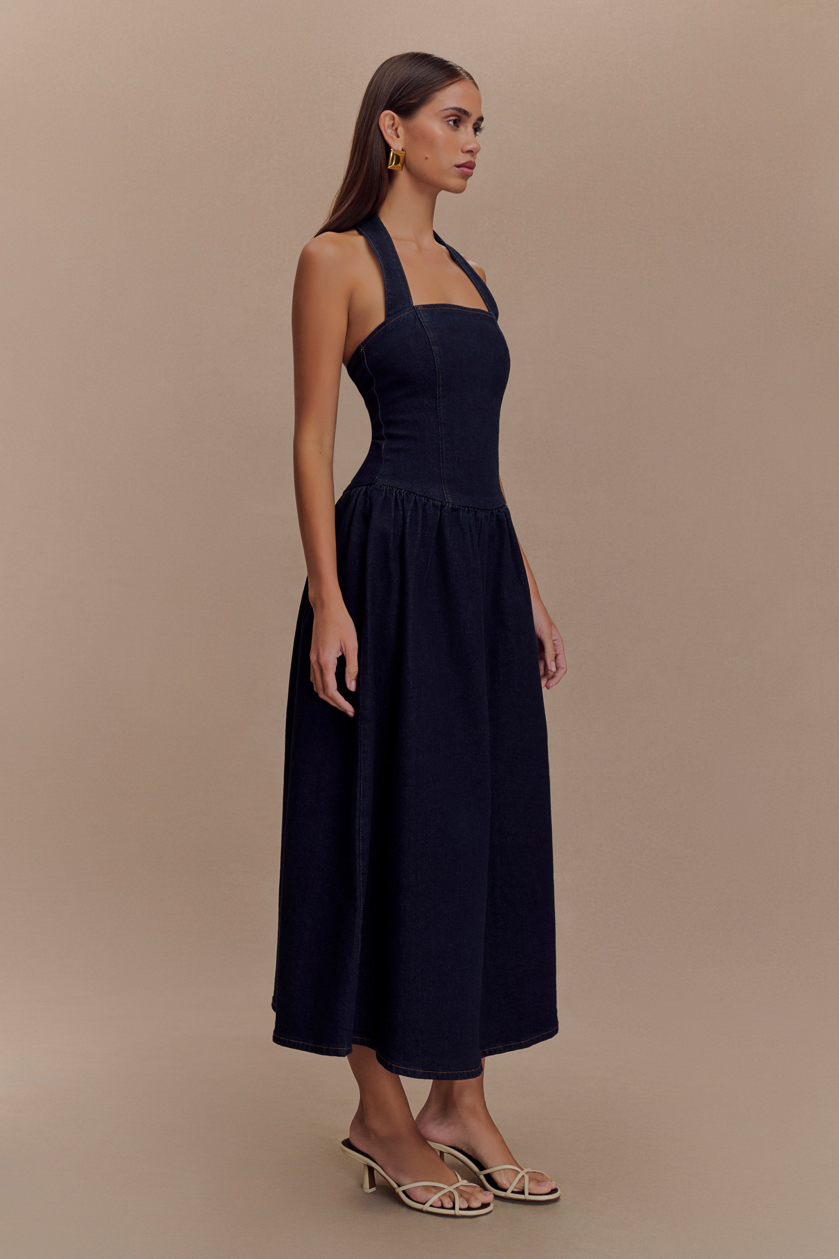 Φόρεμα Caroline Denim Halter Midi - Μπλε Indigo
