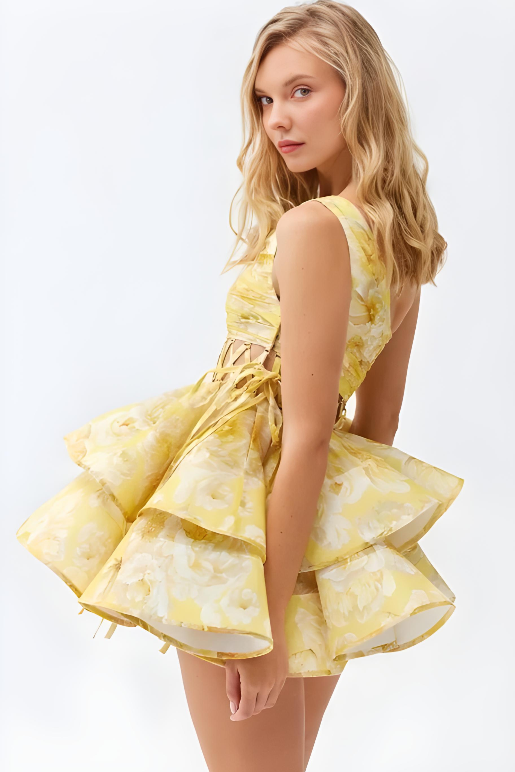 Μίνι Φόρεμα Με Έναν Ώμο Και Φλοράλ Σχέδιο Liora