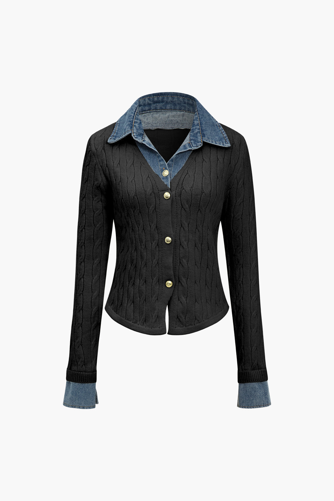 Πλεκτό Τζιν Πουκάμισο Με Γιακά Και Μακριά Μανίκια