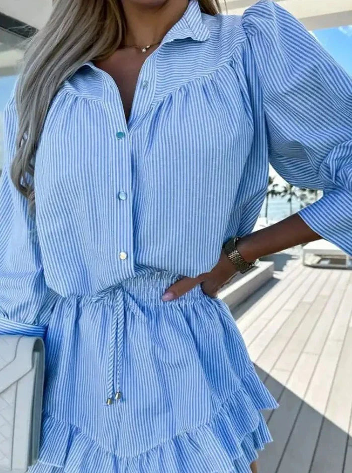 Çizgili Gömlek ve Fırfır Etekli Şort Takım - Riosso