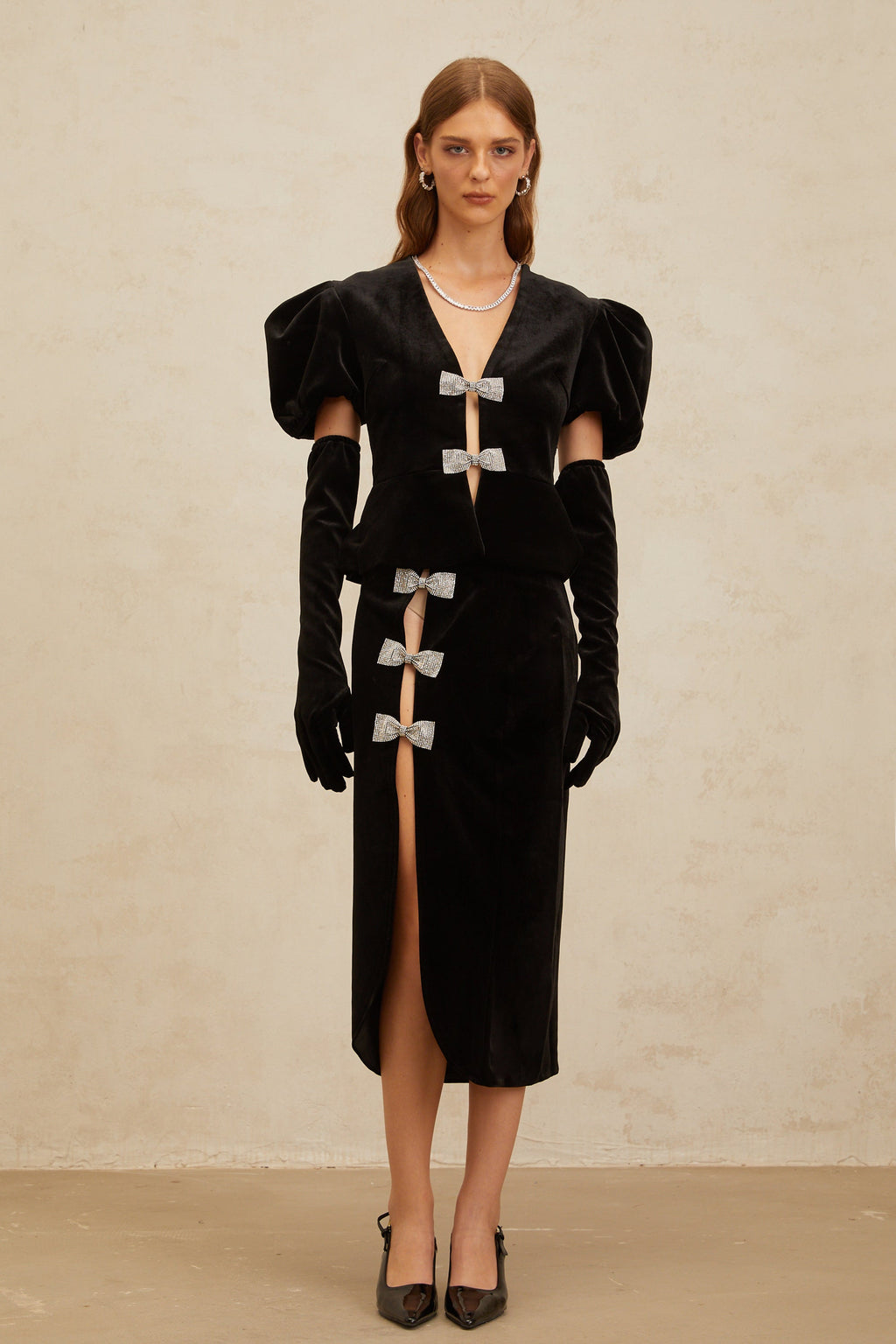 Σετ Βελούδινης Μπλούζας Και Φούστας Adèle Με Μαύρη Κορδέλα Και Λεπτομέρεια