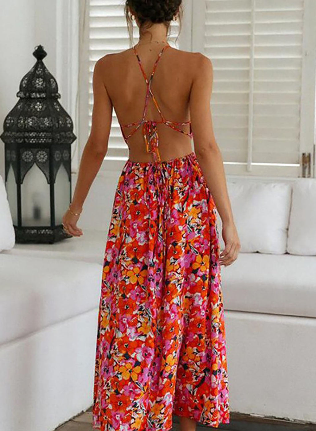 Çiçekli Sırt Dekolteli Maksi Elbise - Riosso
