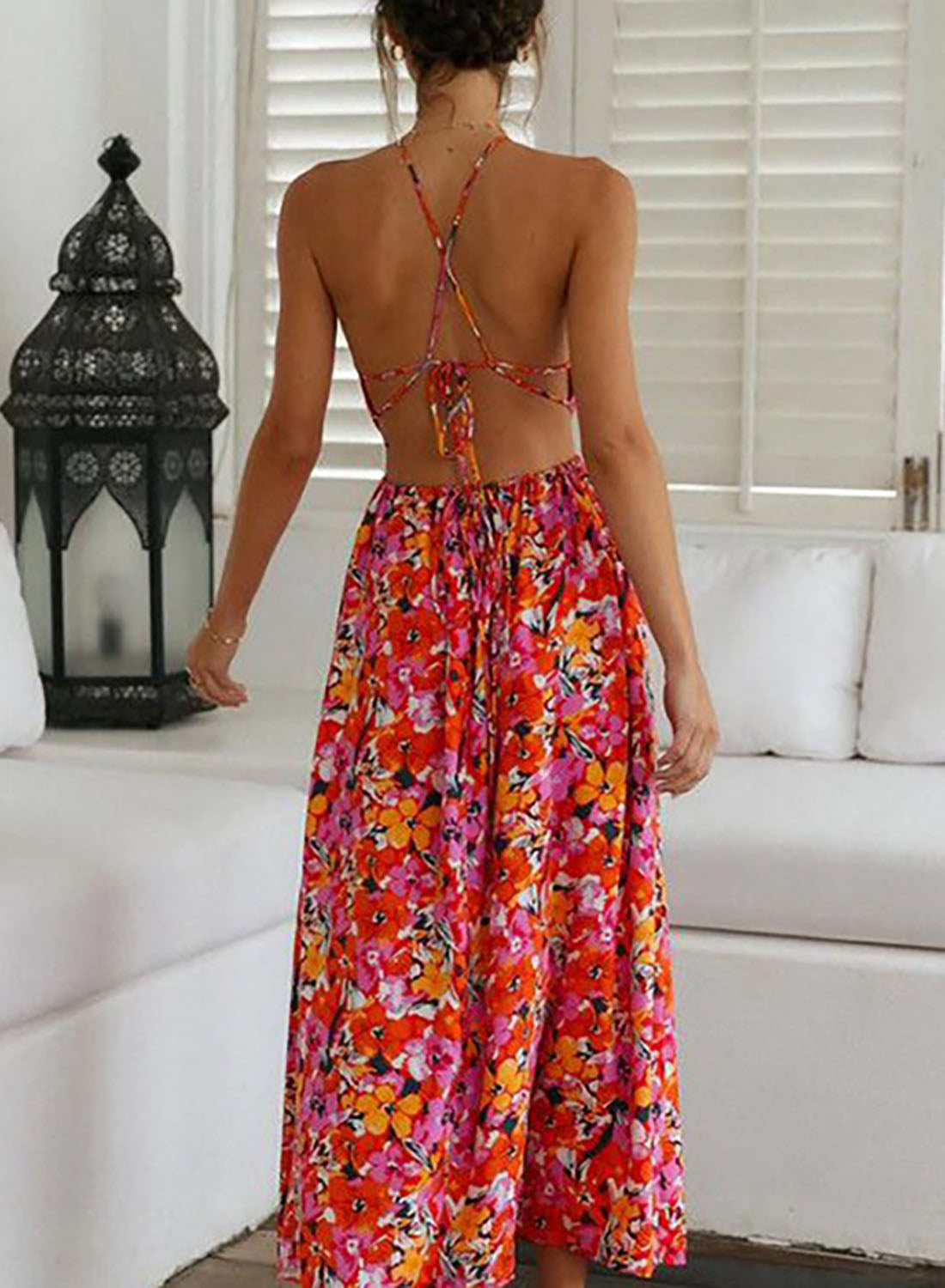 Çiçekli Sırt Dekolteli Maksi Elbise - Riosso