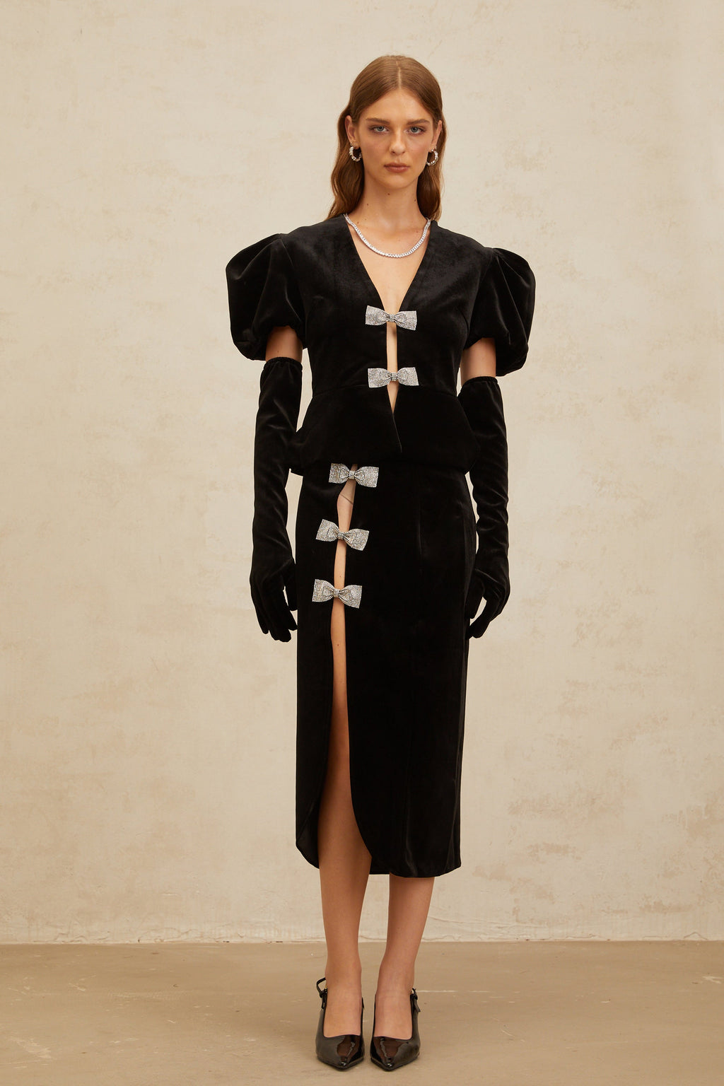 Σετ Βελούδινης Μπλούζας Και Φούστας Adèle Με Μαύρη Κορδέλα Και Λεπτομέρεια