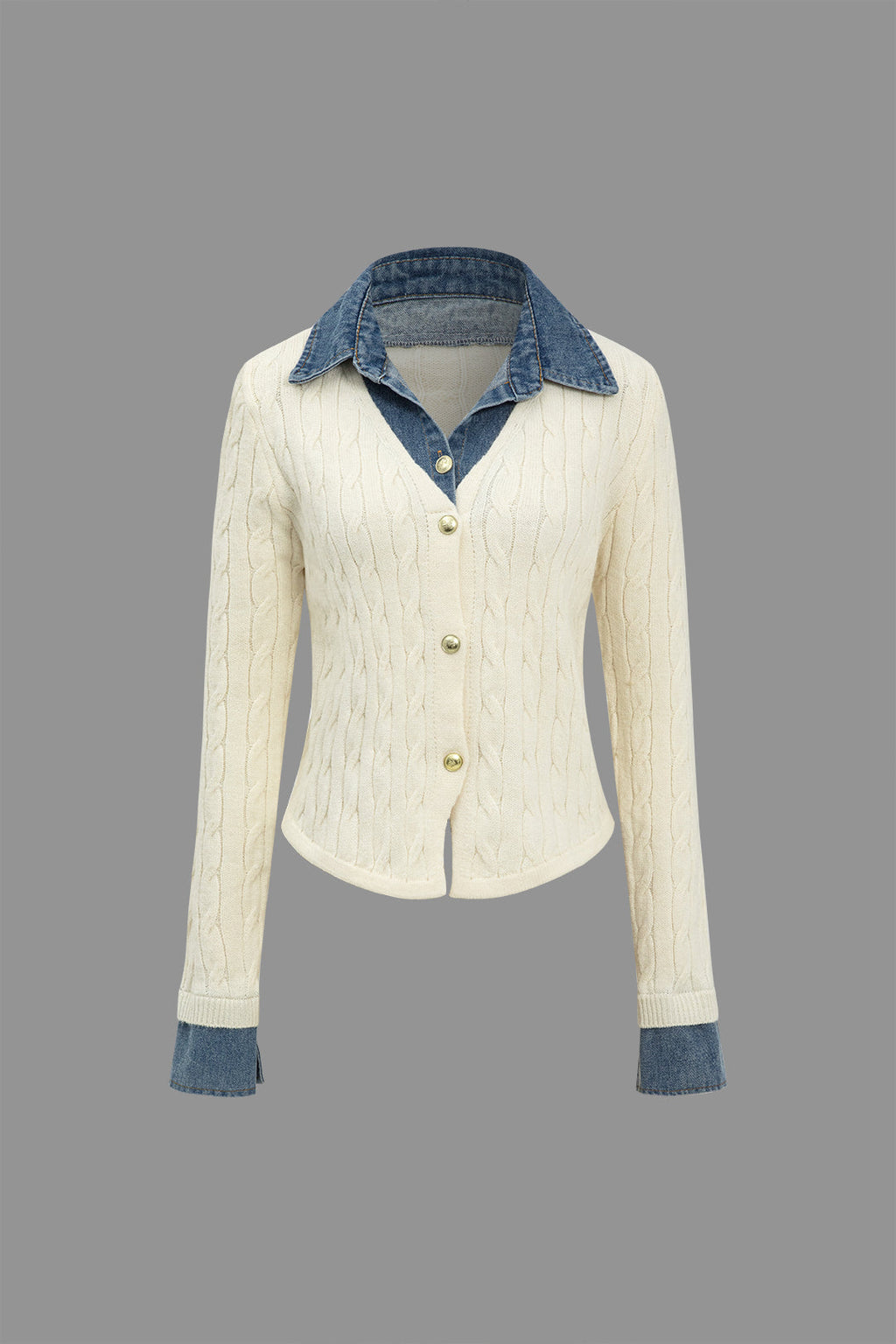 Πλεκτό Τζιν Πουκάμισο Με Γιακά Και Μακριά Μανίκια