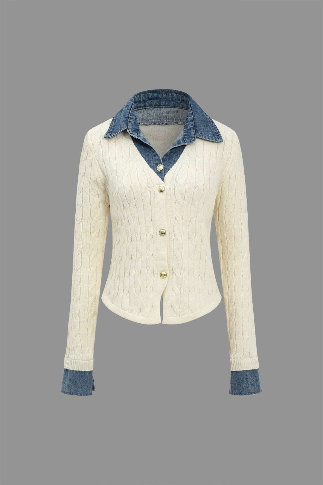 Πλεκτό Τζιν Πουκάμισο Με Γιακά Και Μακριά Μανίκια