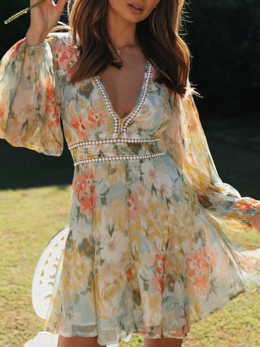 Çiçekli Karpuz Kol Mini Elbise - Riosso