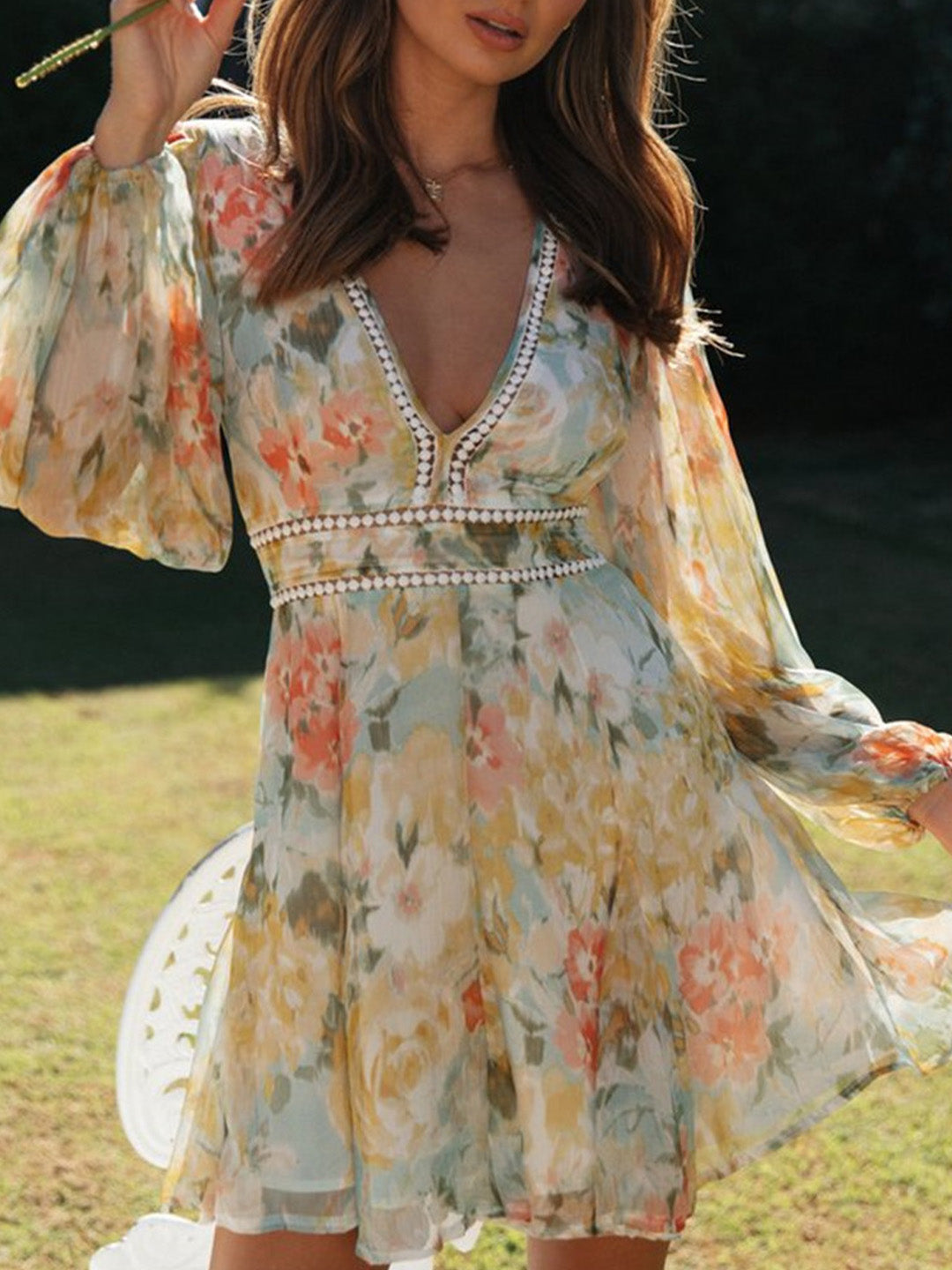 Çiçekli Karpuz Kol Mini Elbise - Riosso