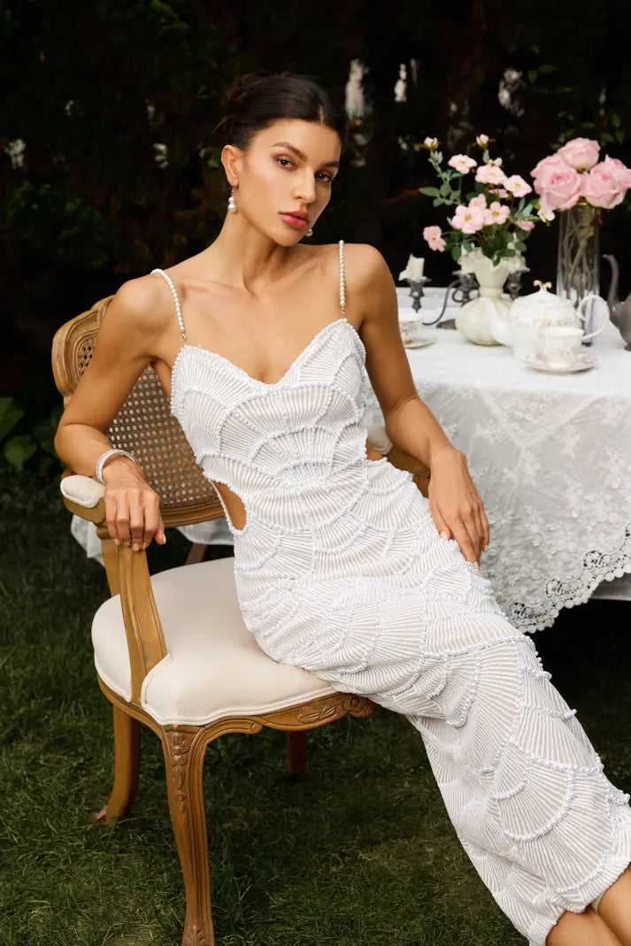 Φόρεμα Lunara Με Λευκές Πέρλες Και Κεντημένες Τιράντες