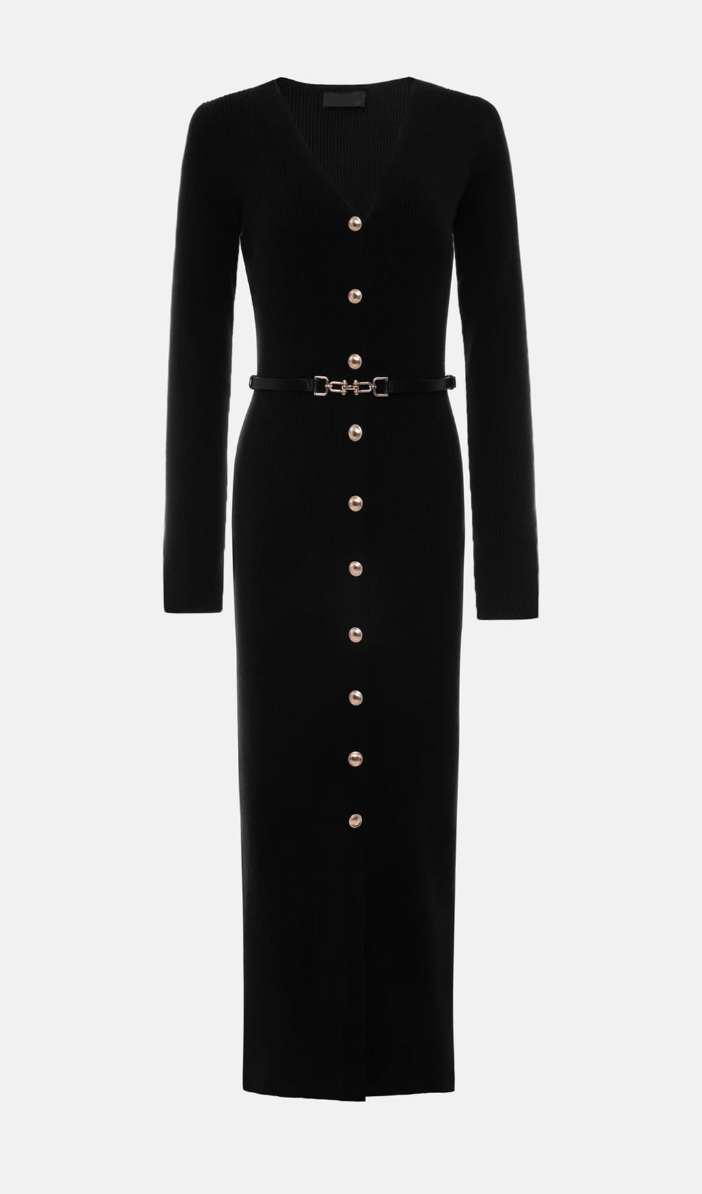 Πλεκτό Φόρεμα Μίντι Με V-Neck - Μαύρο