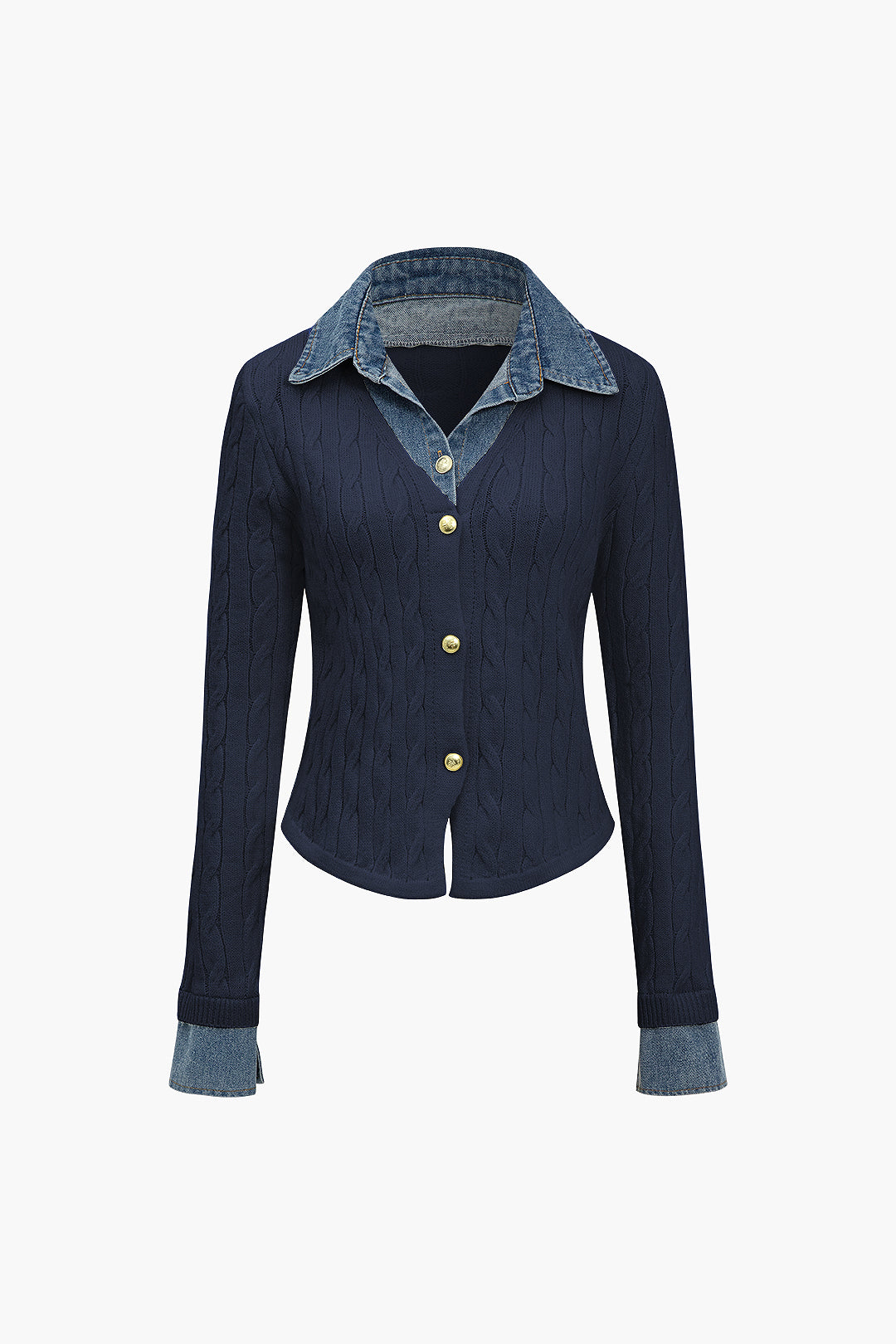 Πλεκτό Τζιν Πουκάμισο Με Γιακά Και Μακριά Μανίκια