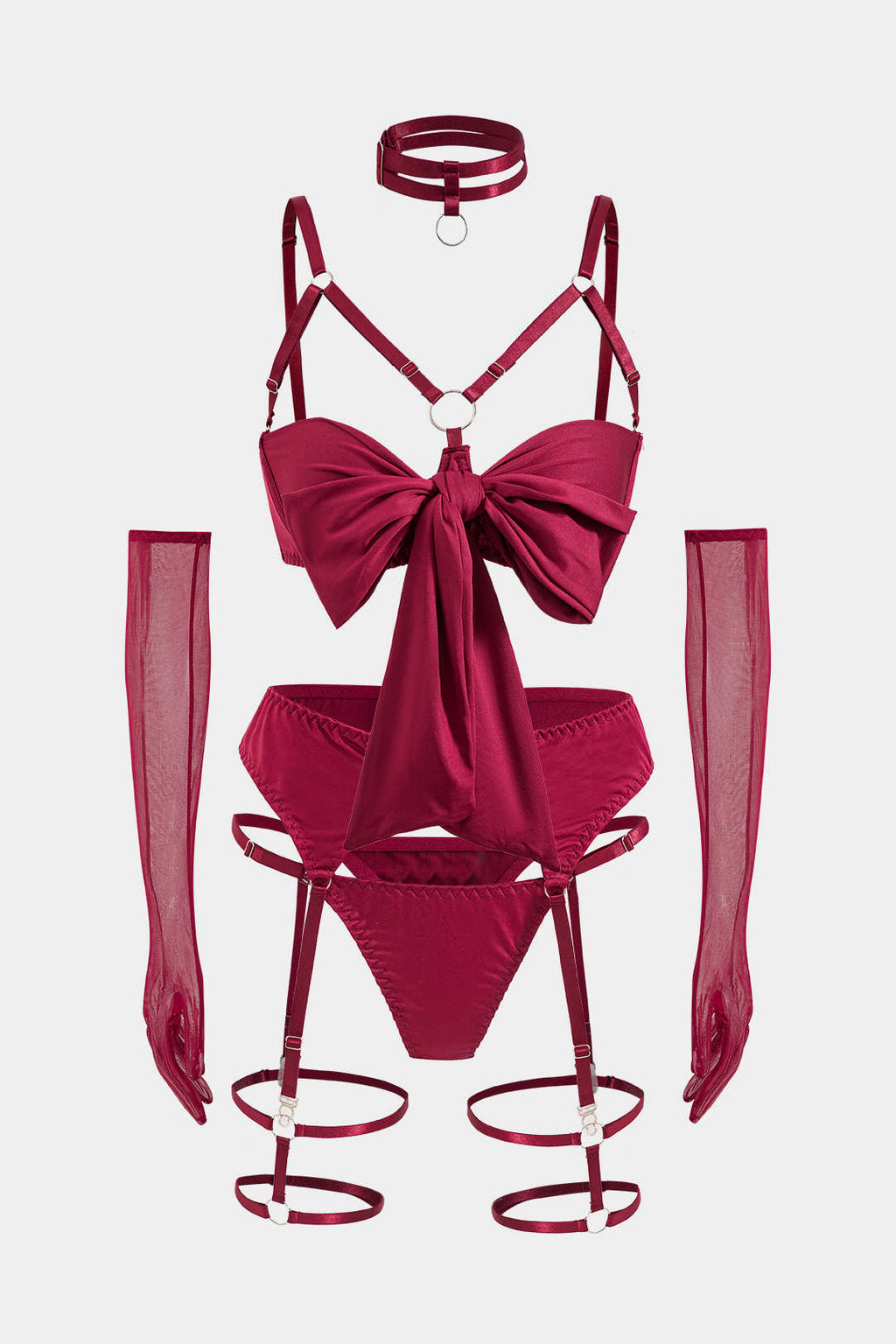 Σετ Εσώρουχων Με Ζαρτιέρες Και Γάντια, Με Τσόκερ Και Κοψίματα Μπροστά