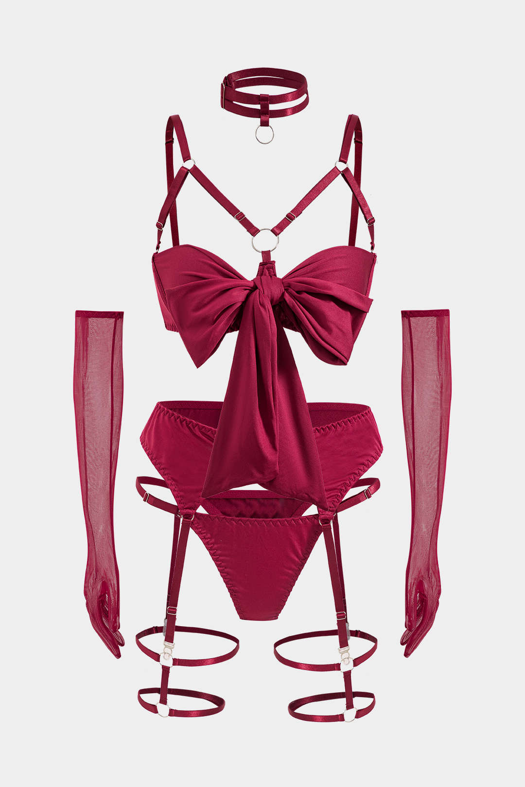 Σετ Εσώρουχων Με Ζαρτιέρες Και Γάντια, Με Τσόκερ Και Κοψίματα Μπροστά