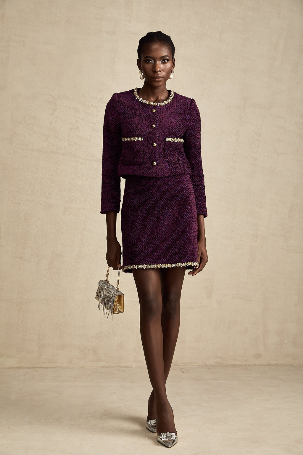 Σετ Ζακέτας Και Φούστας Από Τουίντ Με Μωβ Κρύσταλλα Elise