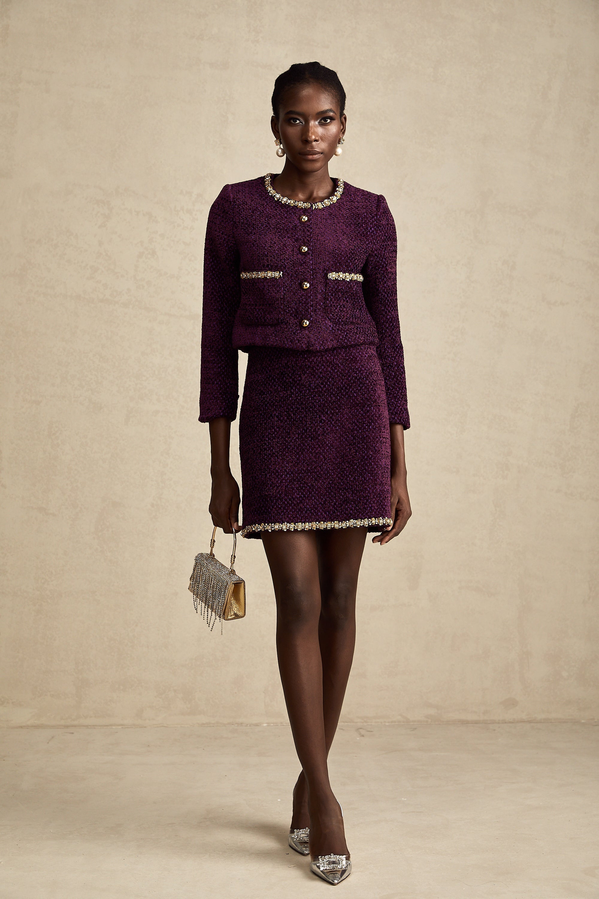 Σετ Ζακέτας Και Φούστας Από Τουίντ Με Μωβ Κρύσταλλα Elise